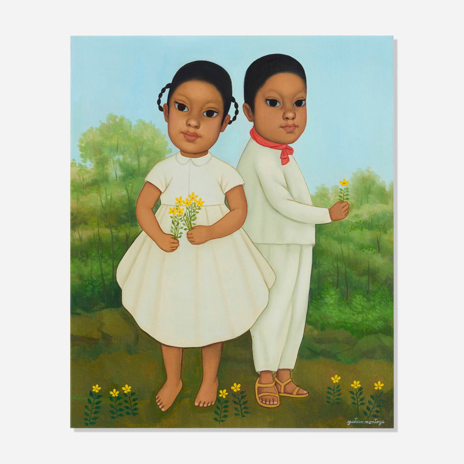 Gustavo Montoya, Untitled (Boy and Girl in White): Gustavo Montoya Untitled (Boy and Girl in White) oil on canvas 23.875 h x 20 w in (61 x 51 cm) Signed to lower right 'gustavo montoya'. Provenance: C.G. Rein Galler