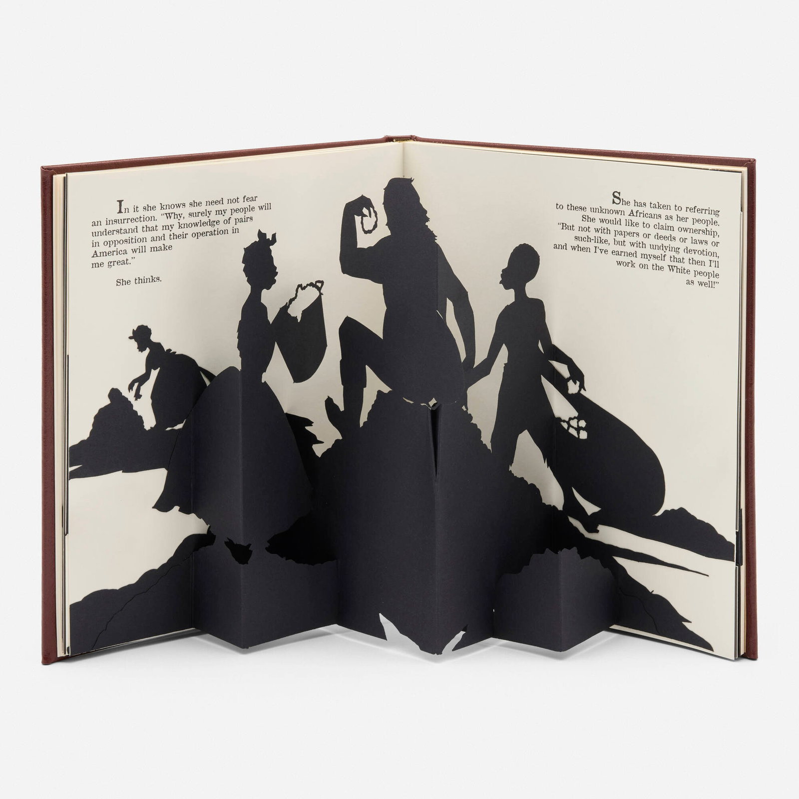 Kara Walker, Freedom: A Fable Bound (Pop-Up Book): Kara Walker Freedom: A Fable Bound (Pop-Up Book) 1997 leather-bound volume of offset lithographs and five laser-cut pop-up silhouettes on wove paper 9.5 h x 8.25 w x 0.875 d in (24 x 21 x 2 cm)