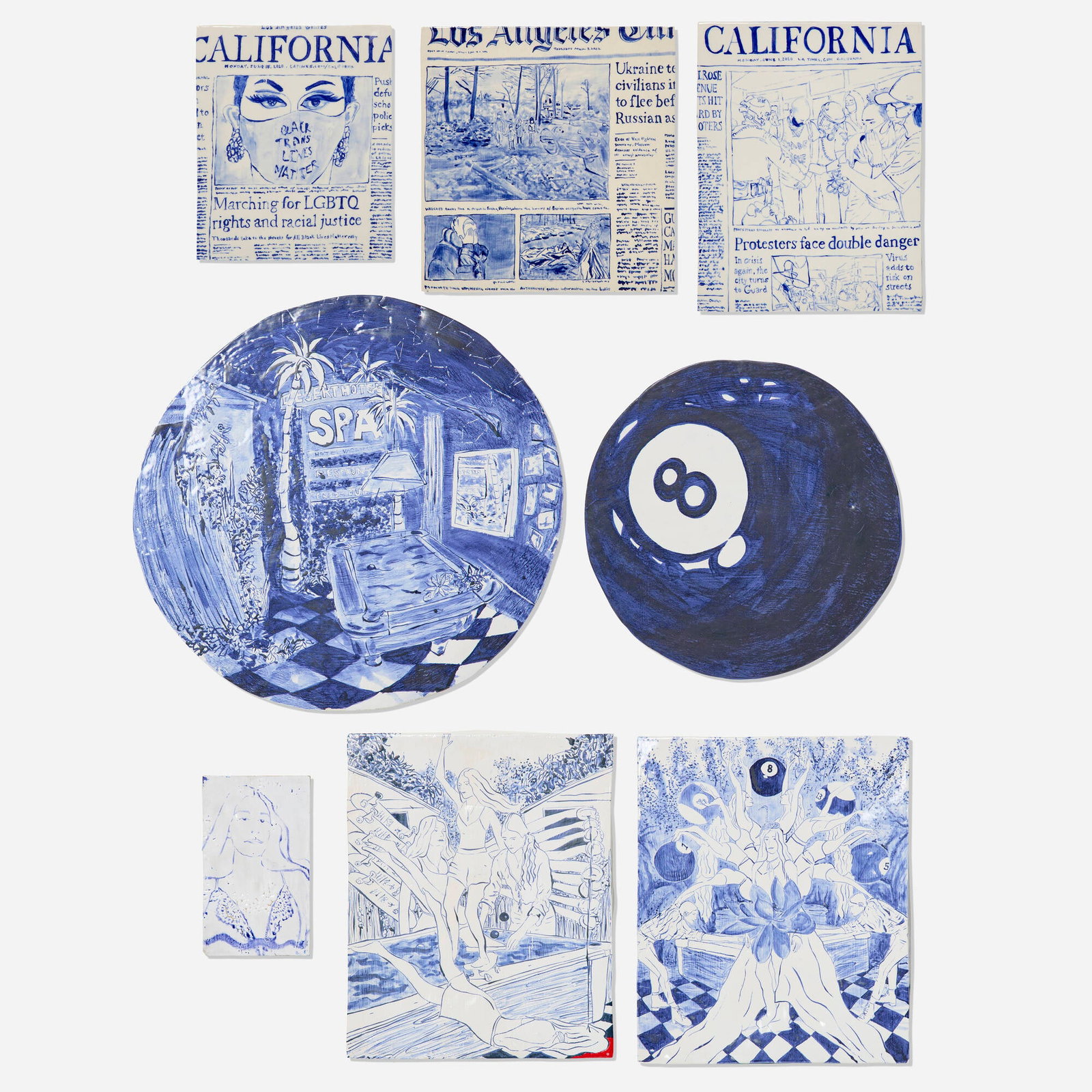 Sachi Moskowitz, Eight works: Sachi Moskowitz Eight works 2020-22 glazed stoneware largest: 18.75 h x 19.25 w in (48 x 49 cm) smallest: 8.75 h x 5.5 w in (22 x 14 cm) Lot includes Don't Forget the Magic, Power, Magic 8 Ball,