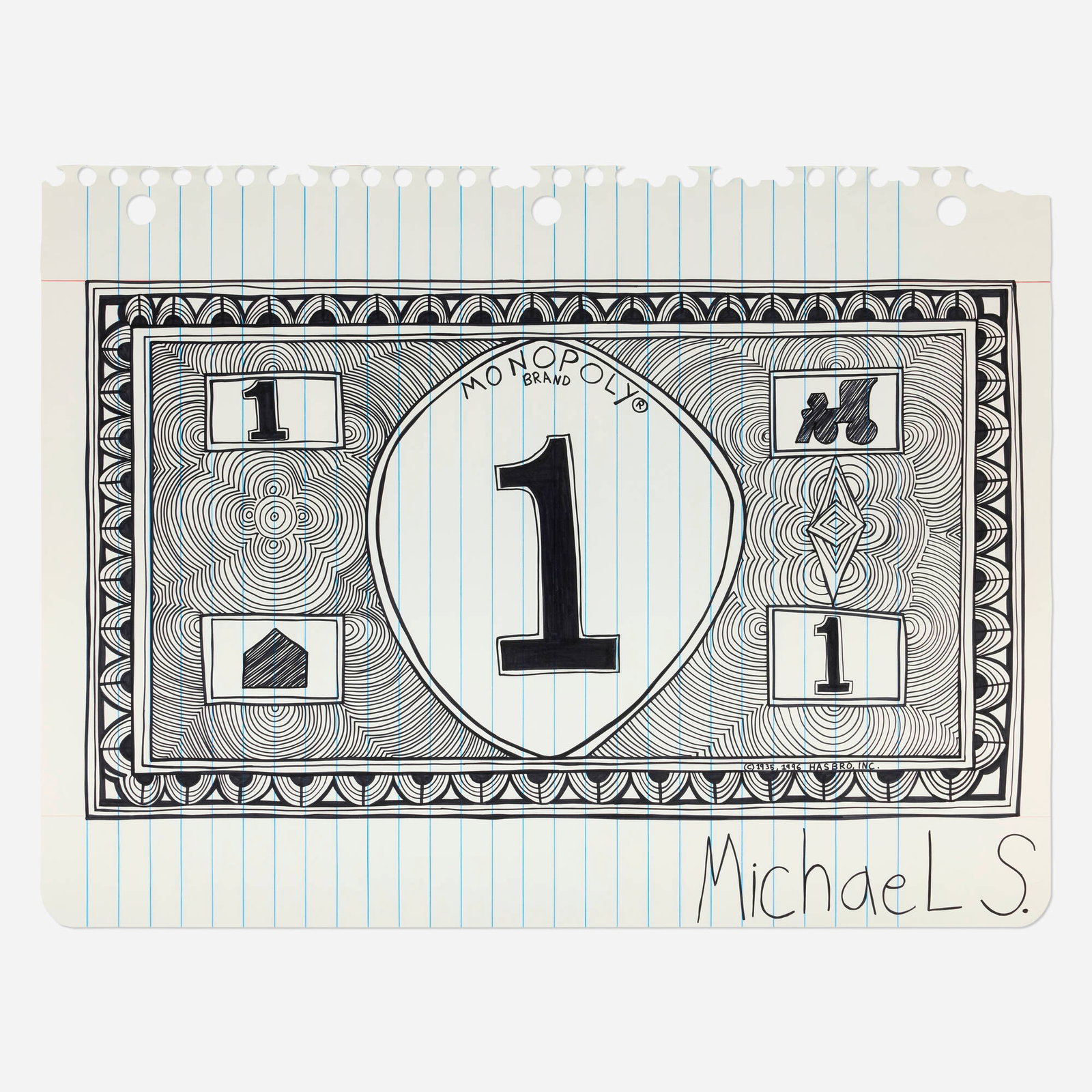 Michael Scoggins, One Monopoly Dollar: Michael Scoggins One Monopoly Dollar 2009 Prismacolor marker on paper 51 h x 67 w in (130 x 170 cm) Signed to lower right 'MichaeL S.'. Provenance: Adler & Co.