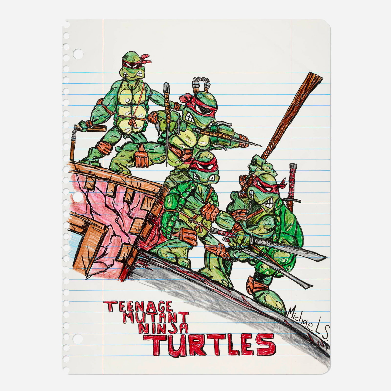 Michael Scoggins, TeenAge Mutant Ninja Turtles: Michael Scoggins TeenAge Mutant Ninja Turtles 2010 crayon, graphite and Prismacolor colored pencil on paper 67.5 h x 51 w in (171 x 130 cm) Signed to lower right 'MichaeL S'. Signed,