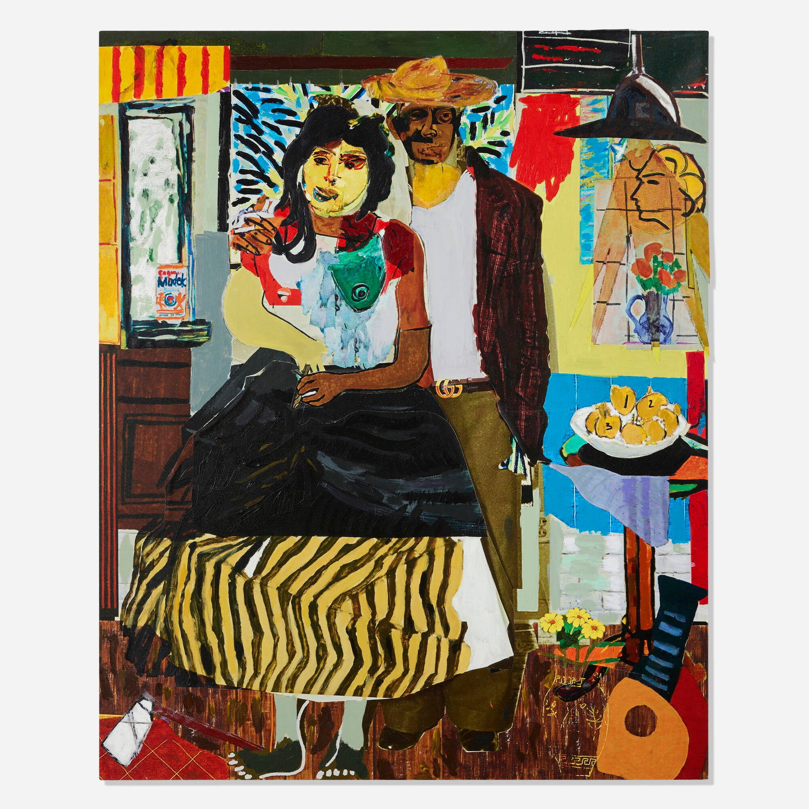 Olivier Souffrant, Sunday Service: Olivier Souffrant Sunday Service 2021 acrylic, oil and archival CMYK ink on canvas 44 h x 36 w in (112 x 91 cm) Signed and dated to verso 'Olivier 2021'. Provenance: