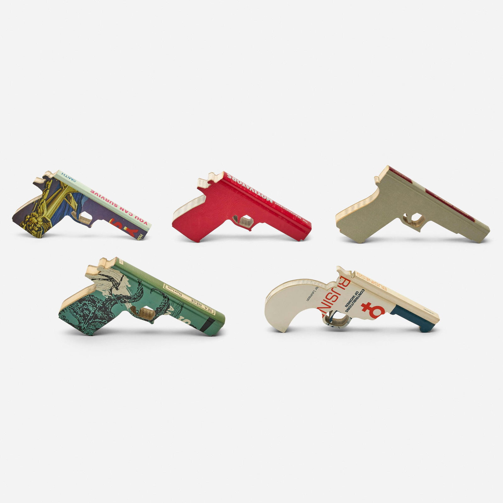 Robert The, Five works (from the Book Guns series): Robert The Five works (from the Book Guns series) 1996; 1997 carved book largest: 8.25 h x 0.75 w x 5 d in (21 x 2 x 13 cm) smallest: 7.75 h x 0.75 w x 5 d in (20 x 2 x 13 cm) Signed and dated to