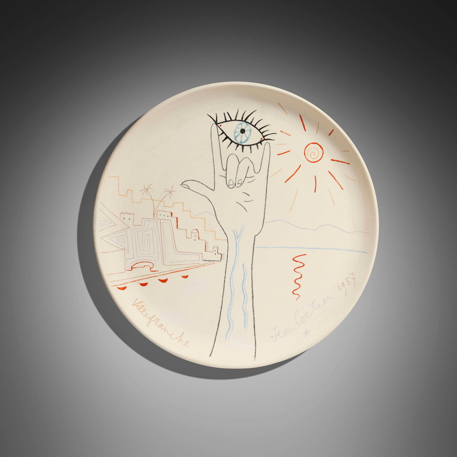 Jean Cocteau, La citadelle de Villefranche plate: Jean Cocteau La citadelle de Villefranche plate Atelier Madeline-Jolly 1957 glazed earthenware 1.25 h x 12.25 dia in (3 x 31 cm) Signed and dated to edge 'Jean Cocteau 1957 Villefranche'.