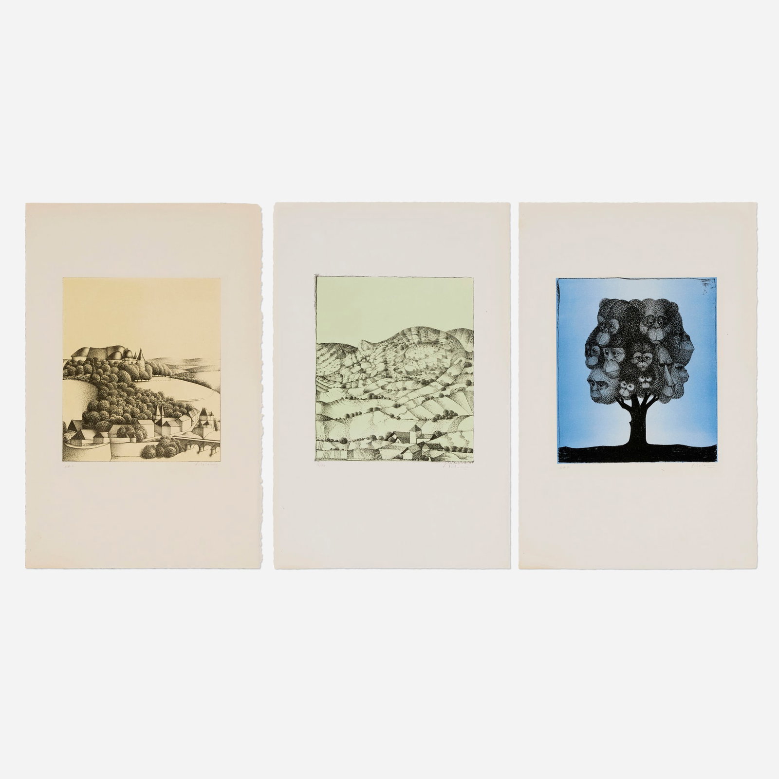 Francois-Xavier Lalanne, Three works from the Polymorphoses-allomorphoses portfolio: Francois-Xavier Lalanne Three works from the Polymorphoses-allomorphoses portfolio 1978 lithograph in colors image (each): 10 h x 8.75 w in (25 x 22 cm) sheet (each): 19.75 h x 13 w in (50 x 33 cm)
