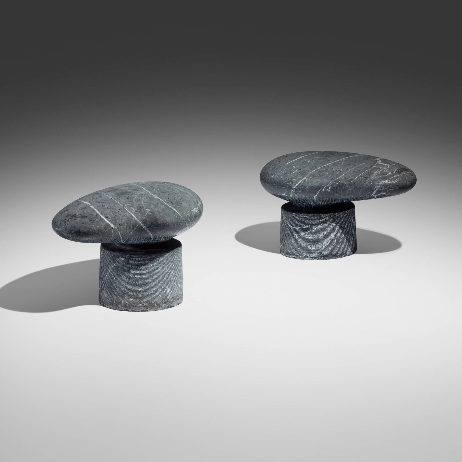 Byung Hoon Choi, Afterimage of Beginning (01-098) occasional tables, pair: Byung Hoon Choi Afterimage of Beginning (01-098) occasional tables, pair Korea, 2001 Black Marquina marble 17 h x 29 w x 19 d in (43 x 74 x 48 cm) Incised signature and date to upper edge of each
