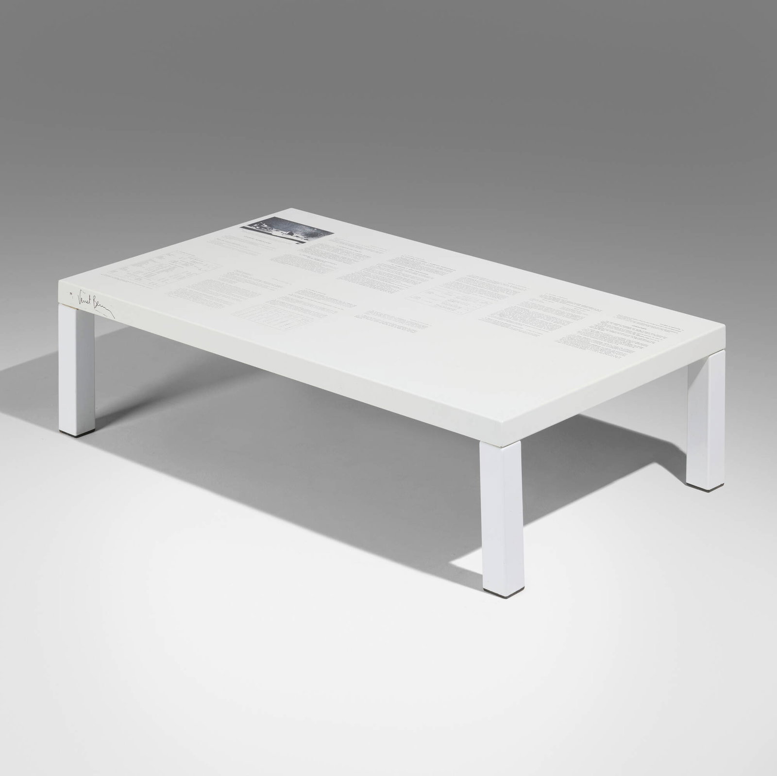 Bernar Venet, Prototype Coffee Table (Texts): Bernar Venet Prototype Coffee Table (Texts) Atelier A France, 1968 silkscreened and enameled steel 13 h x 43.25 w x 25.5 d in (33 x 110 x 65 cm) This prototype coffee table was created for an edition