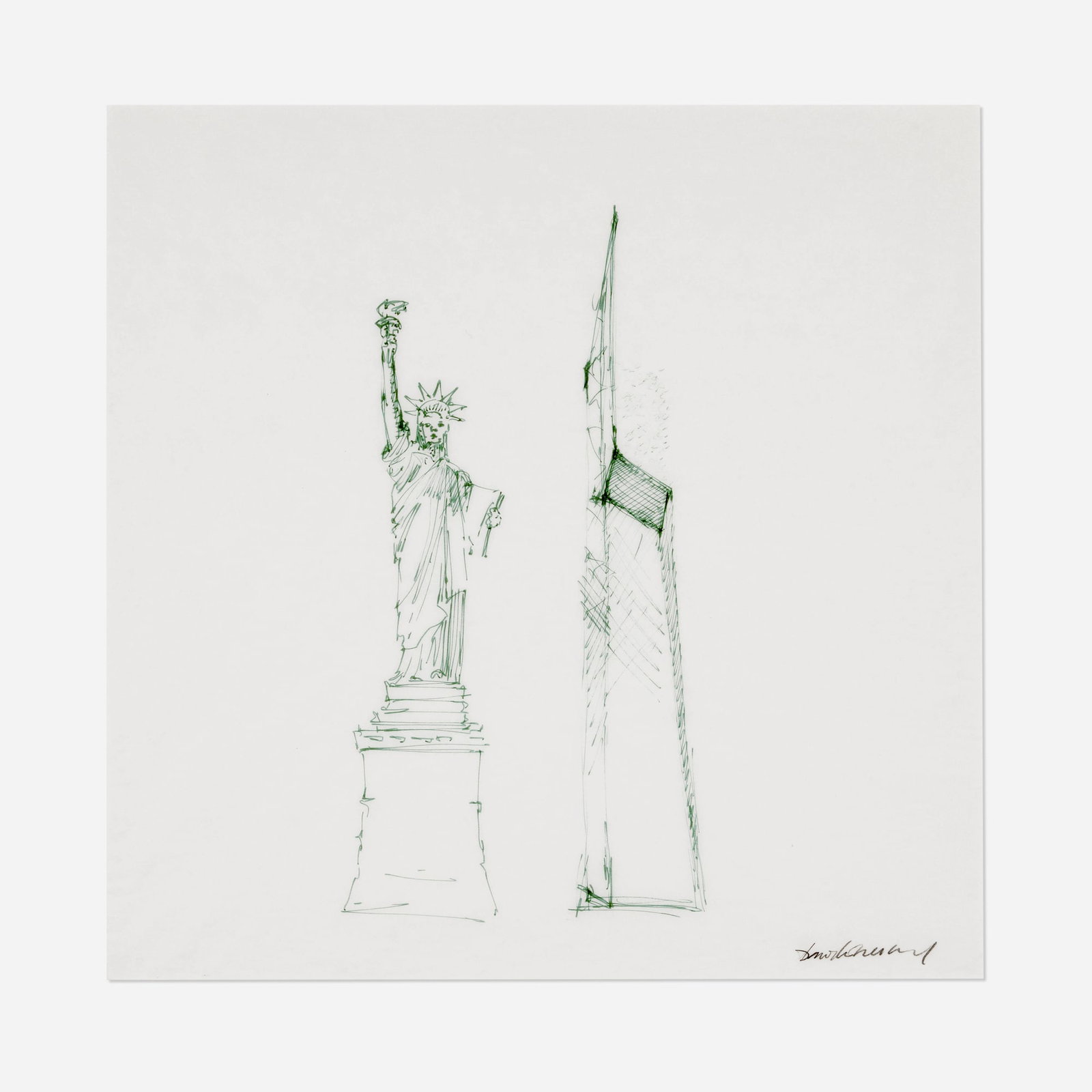 Daniel Libeskind, World Trade Center: Freedom Tower and the Statue of Liberty sketch: Daniel Libeskind World Trade Center: Freedom Tower and the Statue of Liberty sketch 2003-2014 ink on tissue paper 18 h x 18 w in (46 x 46 cm) Signed to lower right 'Daniel Libeskind'. Provenance: Max