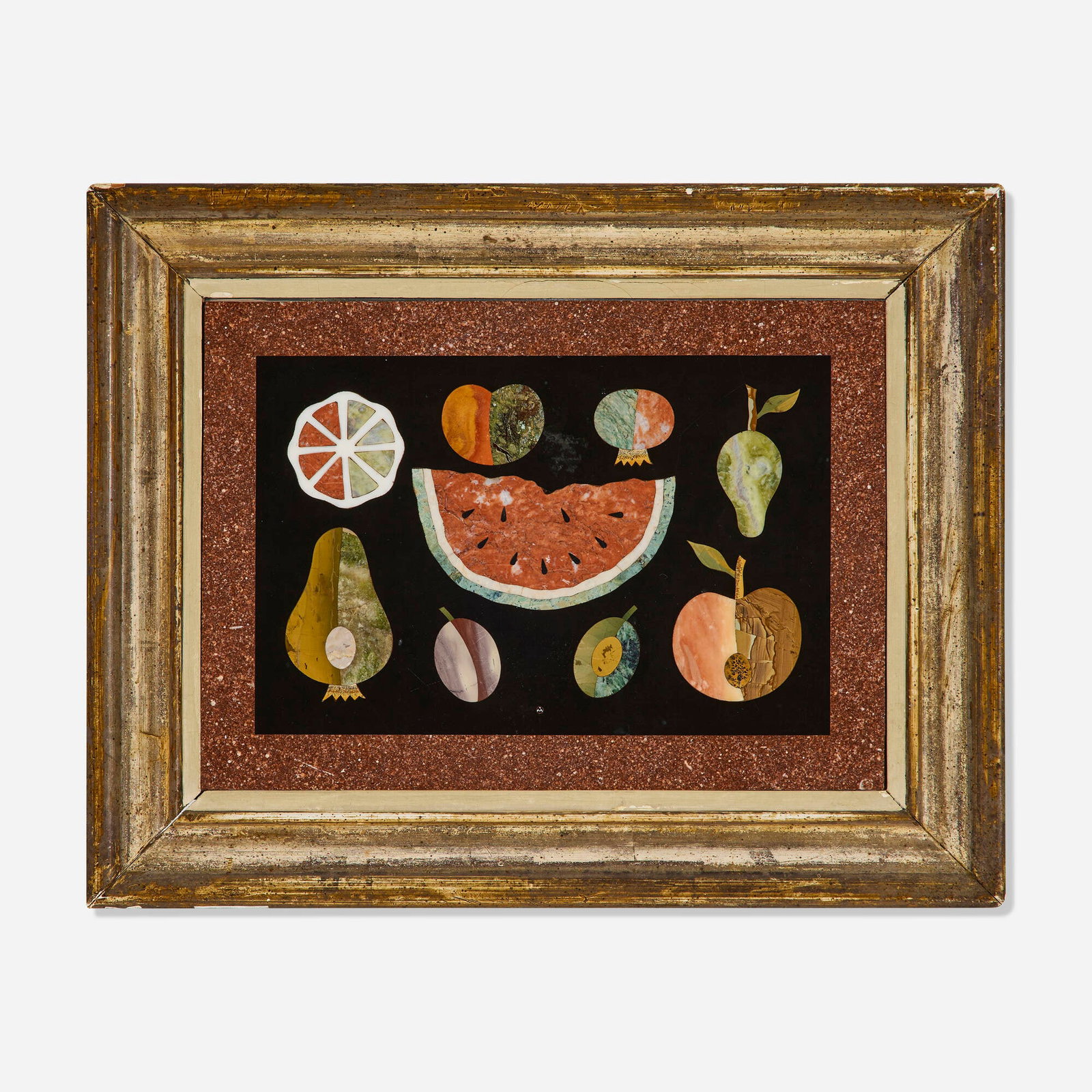 Richard Blow, Untitled (Fruit medley): Richard Blow Untitled (Fruit medley) Montici 1957 hand-cut hardstone inlay in artist-made frame inlay: 9.25 h x 12.75 w in (23 x 32 cm) overall: 13.25 h x 16.75 w in (34 x 43 cm) Inlaid cipher to