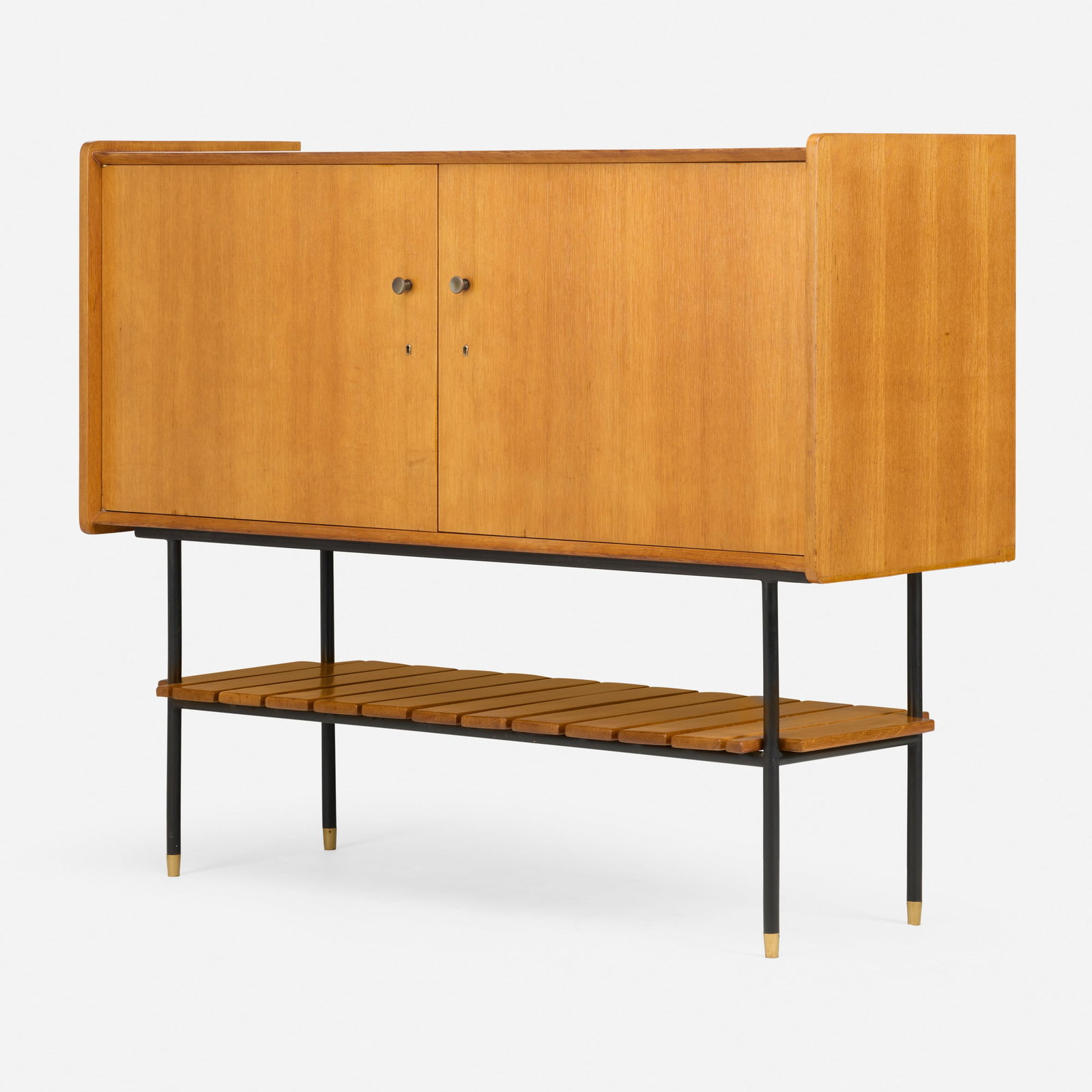 Rene-Jean Caillette, Cabinet: Rene-Jean Caillette Cabinet France, c. 1953 oak, oak veneer, lacquered steel, brass 51.25 h x 62.875 w x 21.75 d in (130 x 160 x 55 cm) Cabinet features two doors concealing four adjustable shelves.