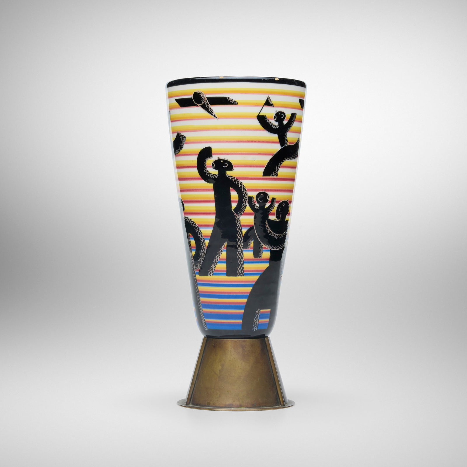 Dante Baldelli, Vase: Dante Baldelli Vase Rometti Ceramiche Italy, c. 1935 painted and glazed ceramic, brass 10.5 h x 4.625 dia in (27 x 12 cm) This work will ship from Lambertville, New Jersey.