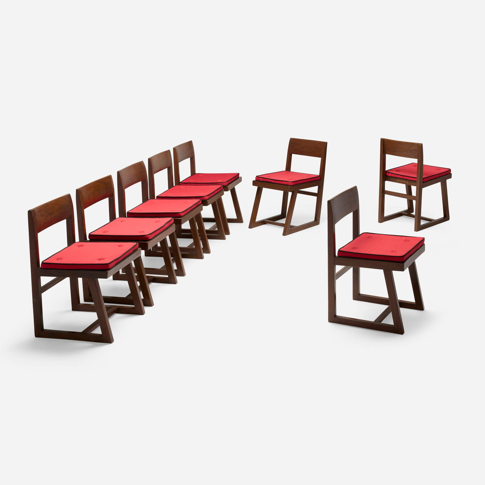 Pierre Jeanneret, Chairs from Punjab University, Chandigarh, set of eight: Pierre Jeanneret Chairs from Punjab University, Chandigarh, set of eight France/India, c. 1960 teak, cane, linen upholstery 30.375 h x 15.75 w x 18.25 d in (77 x 40 x 46 cm) Stenciled marks to each