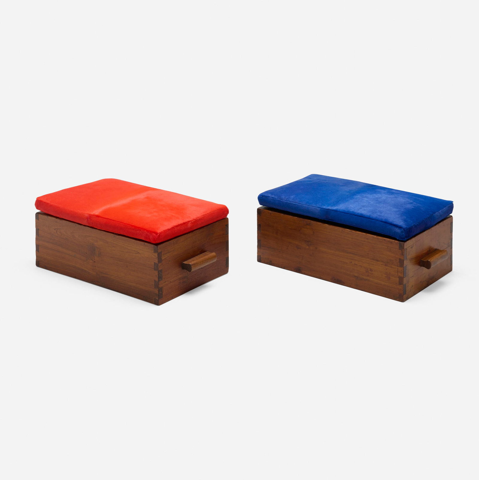 Pierre Jeanneret, Cube stools from Nursery school II, Chandigarh, pair: Pierre Jeanneret Cube stools from Nursery school II, Chandigarh, pair France/India, c. 1955-56 teak, hide 7.25 h x 20.5 w x 11 d in (18 x 52 x 28 cm) Provenance: Nursery school II, Chandigarh, India