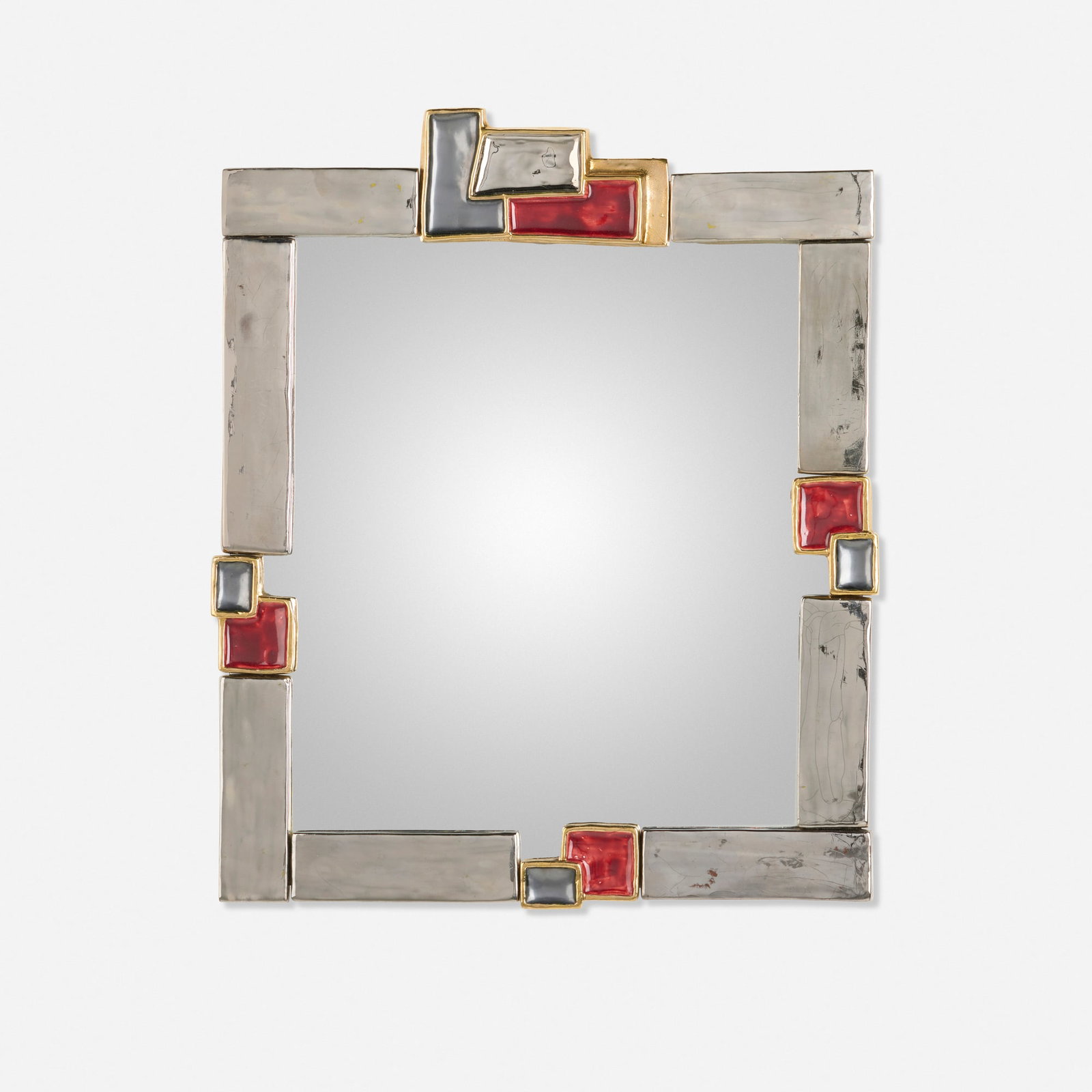 Mithe Espelt, Wall-hanging mirror: Mithe Espelt Wall-hanging mirror France, c. 1975 glazed, gilt, and silvered earthenware, mirrored glass 22.5 h x 18.75 w x 1 d in (57 x 48 x 3 cm) This work will ship from Lambertville, New Jersey.