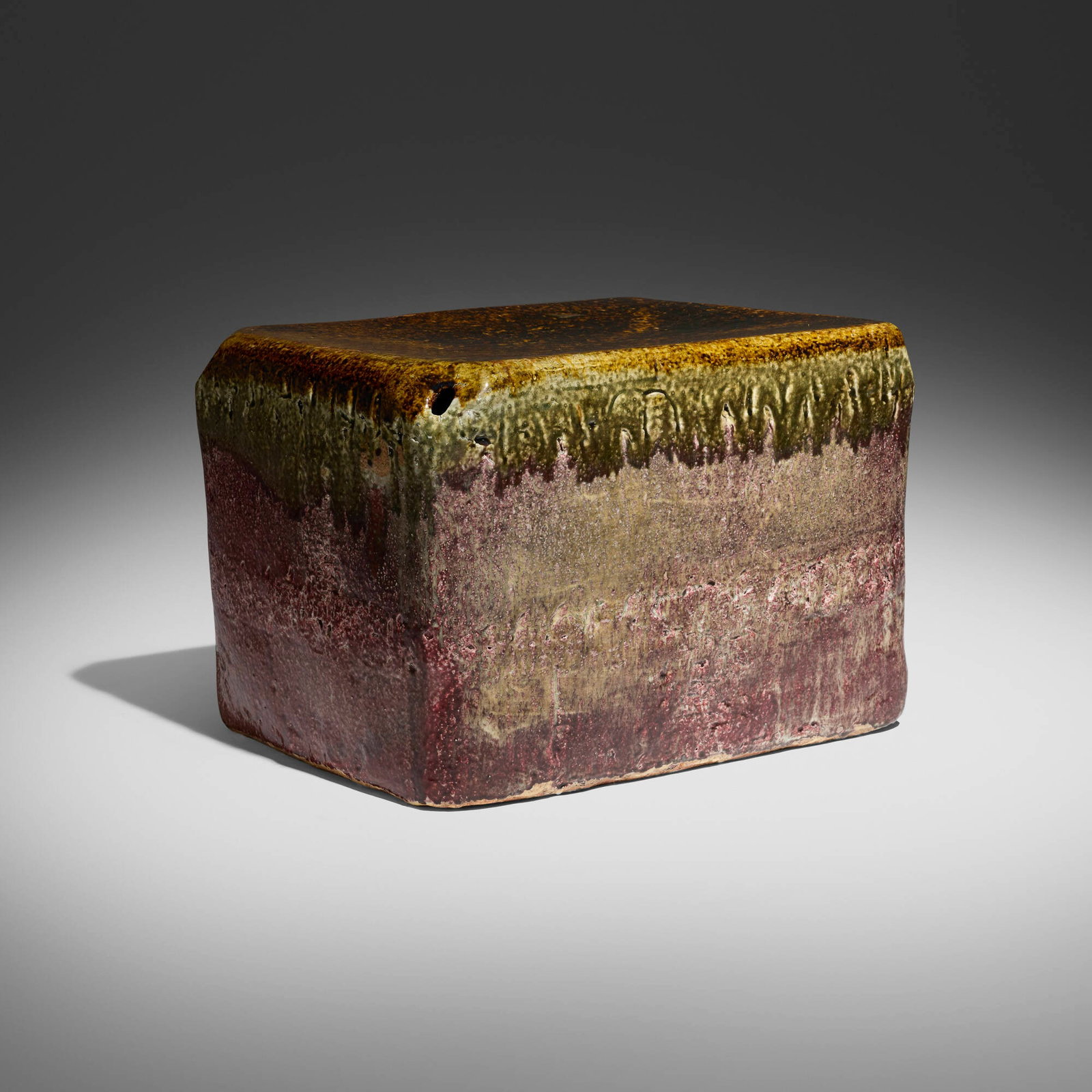 Hun Chung Lee, Untitled (stool): Hun Chung Lee Untitled (stool) South Korea, c. 2012 glazed stoneware 15.5 h x 22.5 w x 17 d in (39 x 57 x 43 cm) Incised artist's cipher to underside. This work will ship from Chicago, Illinois.