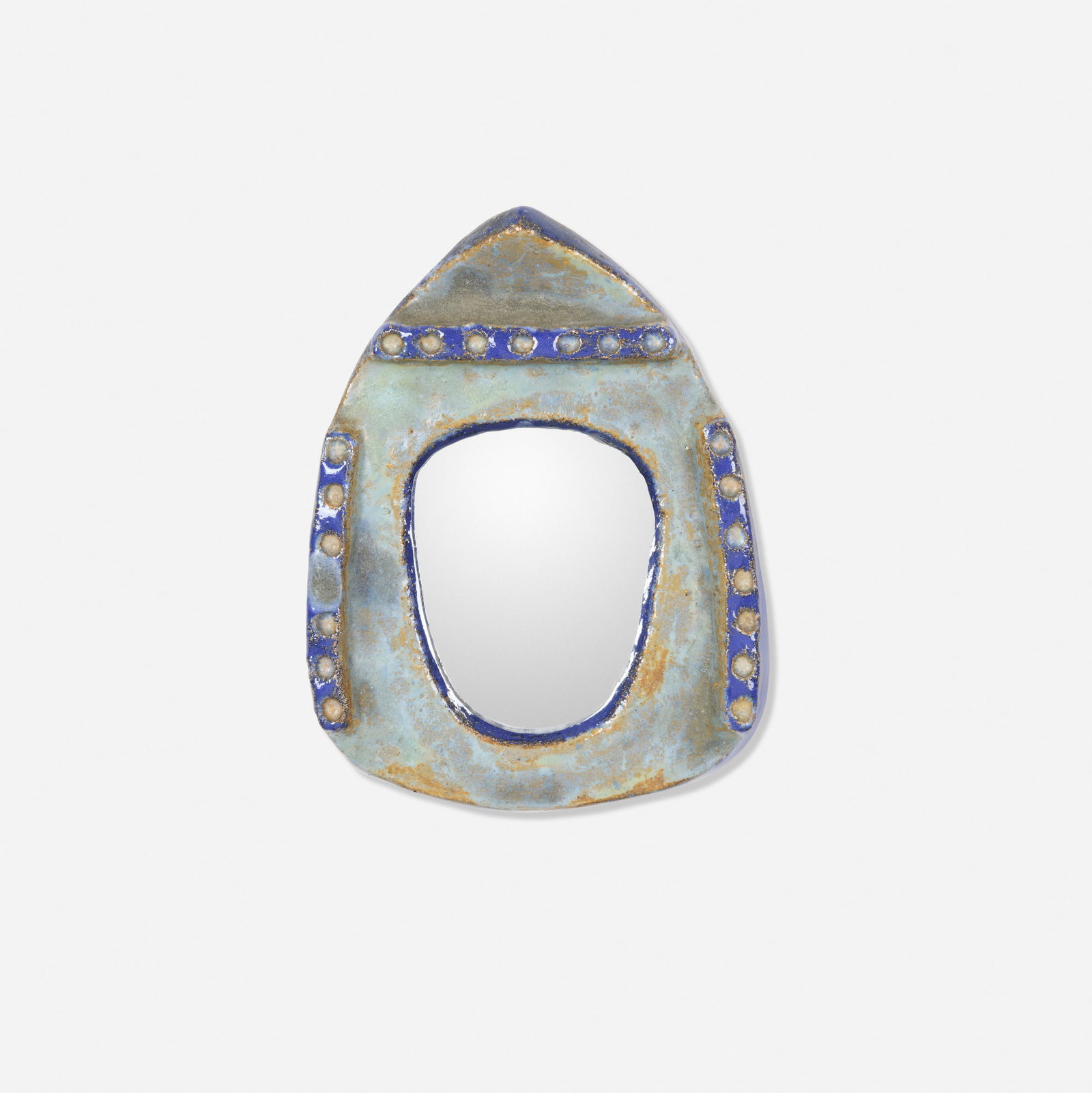 Les Argonautes, Wall-hanging mirrored glass: Les Argonautes Wall-hanging mirrored glass France, c. 1960 glazed earthenware, mirror 9 h x 6.5 w x 2.25 d in (23 x 17 x 6 cm) Signed in ink to verso 'Les Argonautes Vallauris'.