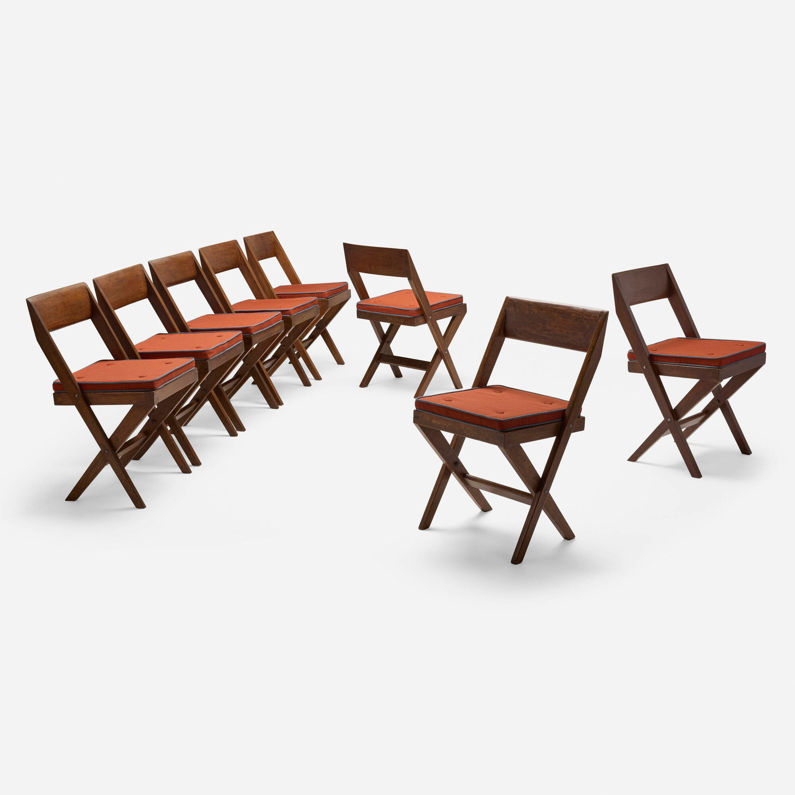 Pierre Jeanneret, Chairs from the Central Library of Punjab University, Chandigarh, set of eight: Pierre Jeanneret Chairs from the Central Library of Punjab University, Chandigarh, set of eight France/India, c. 1959 teak, cane, linen upholstery 30 h x 18 w x 20 d in (76 x 46 x 51 cm) Stenc