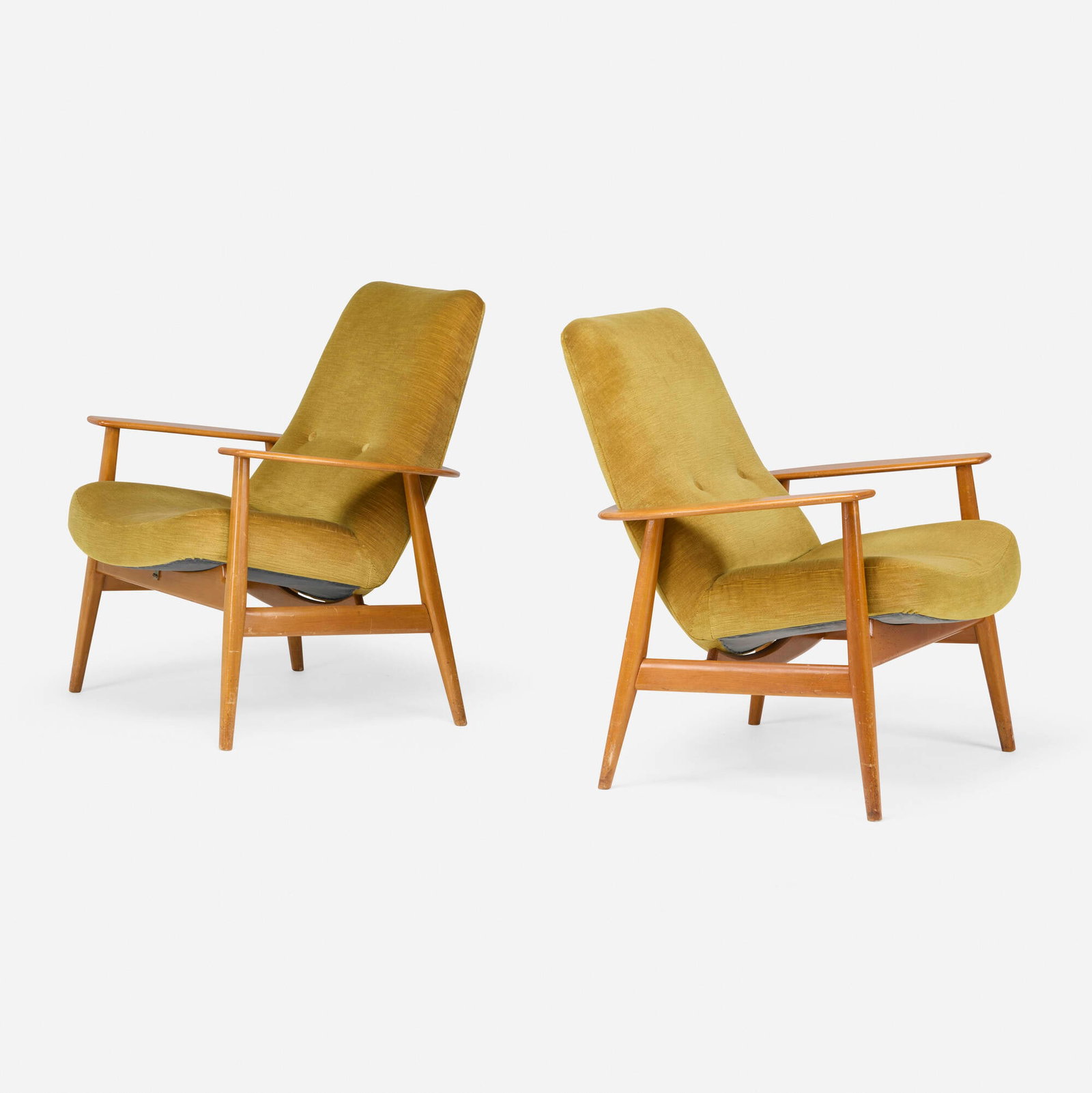 Pierre Guariche, Armchairs model 670, pair: Pierre Guariche Armchairs model 670, pair Steiner France, c. 1950 ash, upholstery 33 h x 29 w x 26 d in (84 x 74 x 66 cm) Inscribed to base of one example '5083 MAG' and to additional