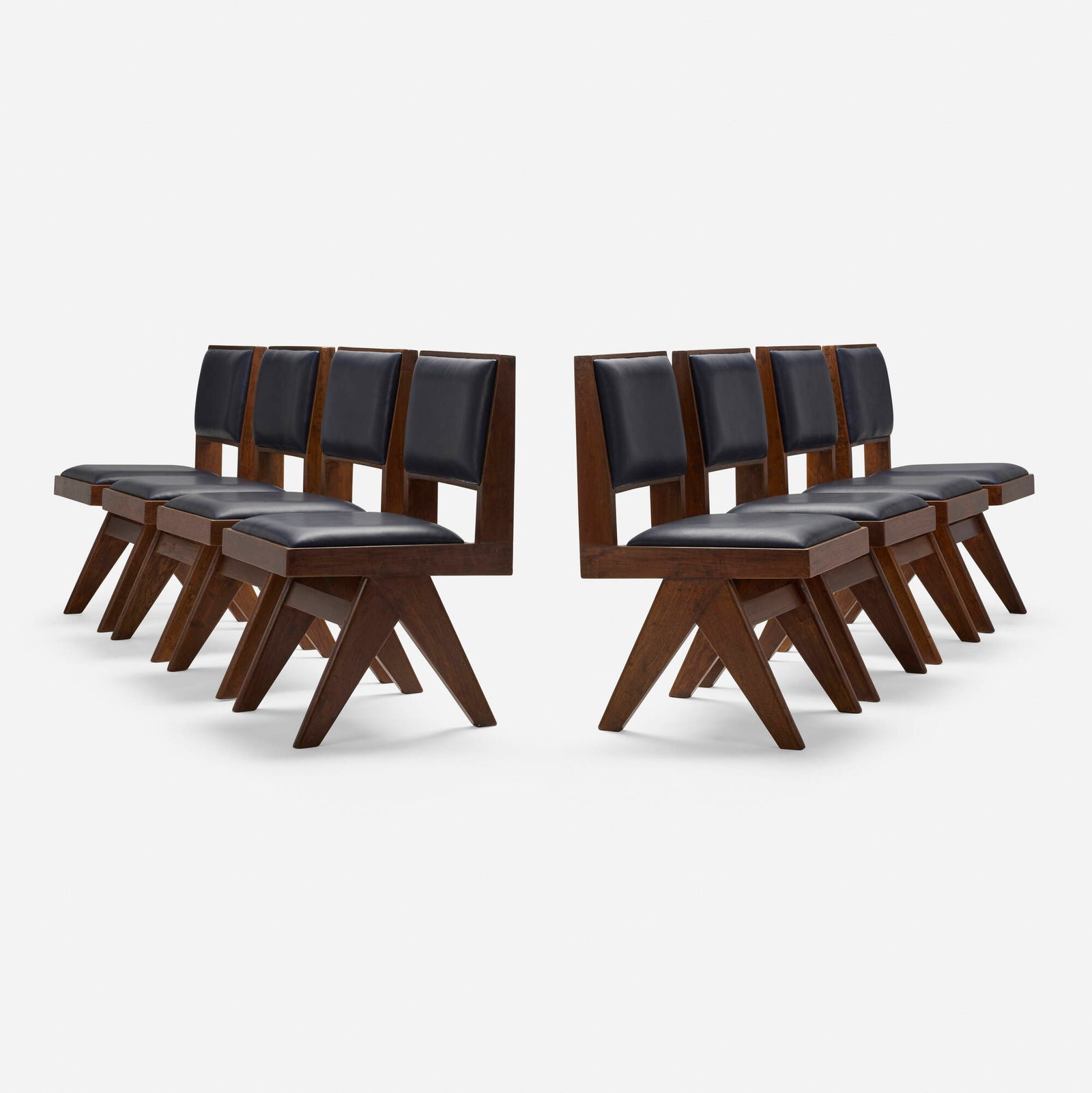 Pierre Jeanneret, Dining chairs from Punjab University, Chandigarh, set of eight: Pierre Jeanneret Dining chairs from Punjab University, Chandigarh, set of eight France/India, c. 1958-59 teak, leather upholstery 33.25 h x 18 w x 22 d in (84 x 46 x 56 cm) Provenance: Punjab