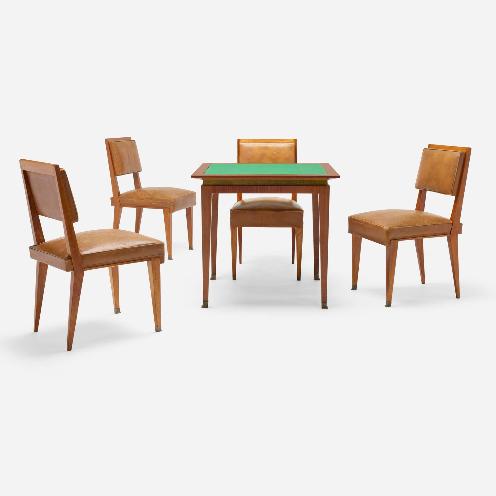 Jacques Quinet, Game table and chairs, set of four: Jacques Quinet Game table and chairs, set of four France, 1958 acajou, leather, patinated brass table: 29.5 h x 31.25 w x 31.25 d in (75 x 79 x 79 cm) chair: 34.5 h x 18.5 w x 20.5 d in (88 x 47 x 52