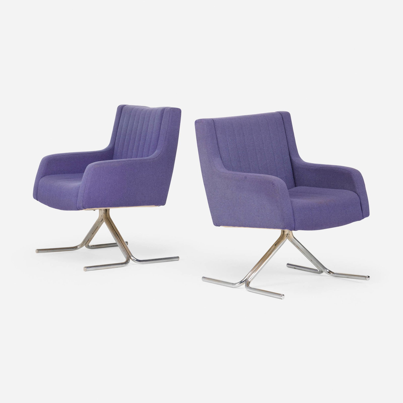 Joseph-Andre Motte, Quevilly armchairs, pair: Joseph-Andre Motte Quevilly armchairs, pair France, 1967 / c. 1975 chrome-plated steel, upholstery 34 h x 24 w x 24 d in (86 x 61 x 61 cm) Numbered to underside of one example '3'.