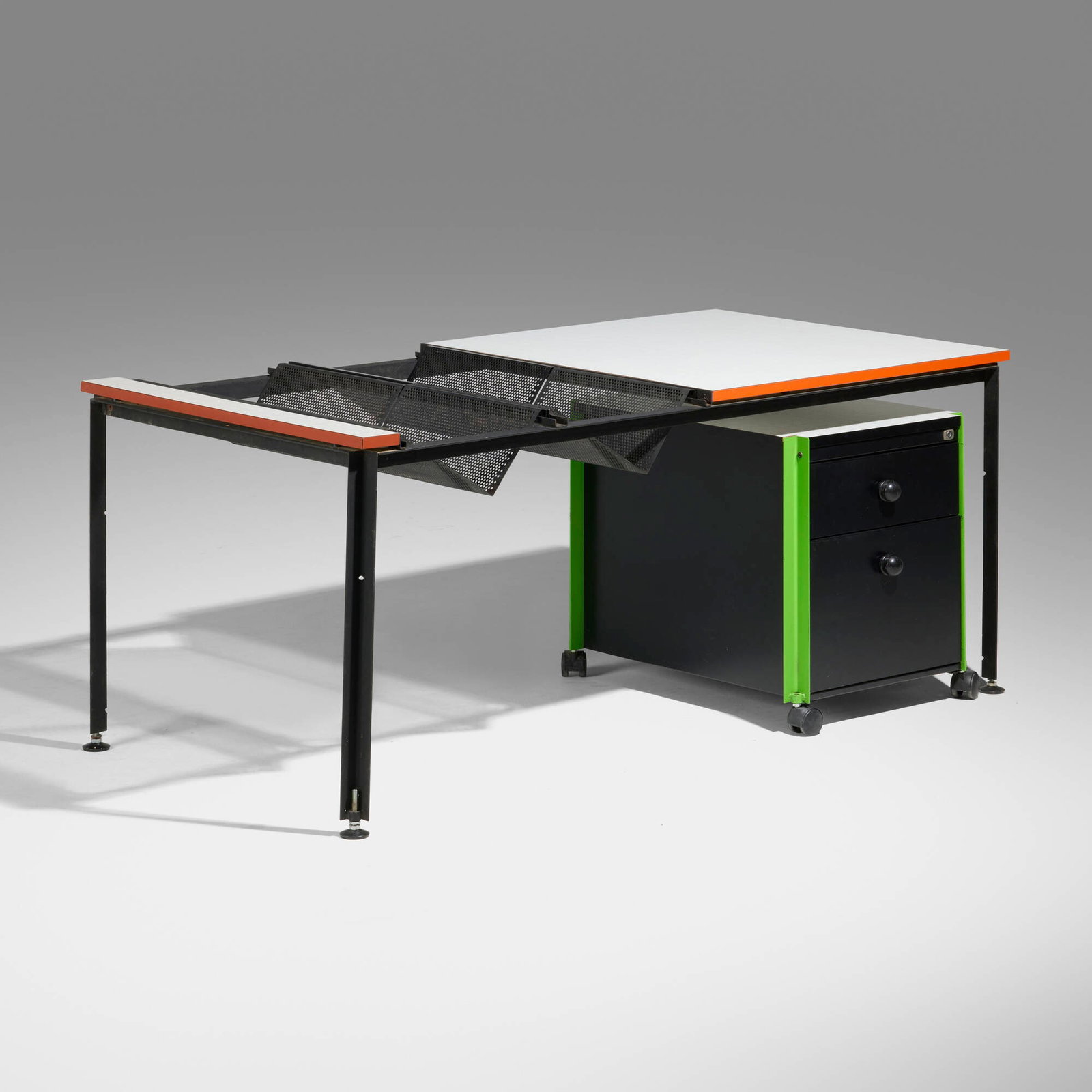 Michel Cadestin, Desk with cabinet: Michel Cadestin Desk with cabinet Teda France, 1977 laminate, lacquered steel desk: 27.75 h x 63 w x 31.5 d in (70 x 160 x 80 cm) cabinet: 22.5 h x 18.5 w x 27 d in (57 x 47 x 69 cm) Desk features