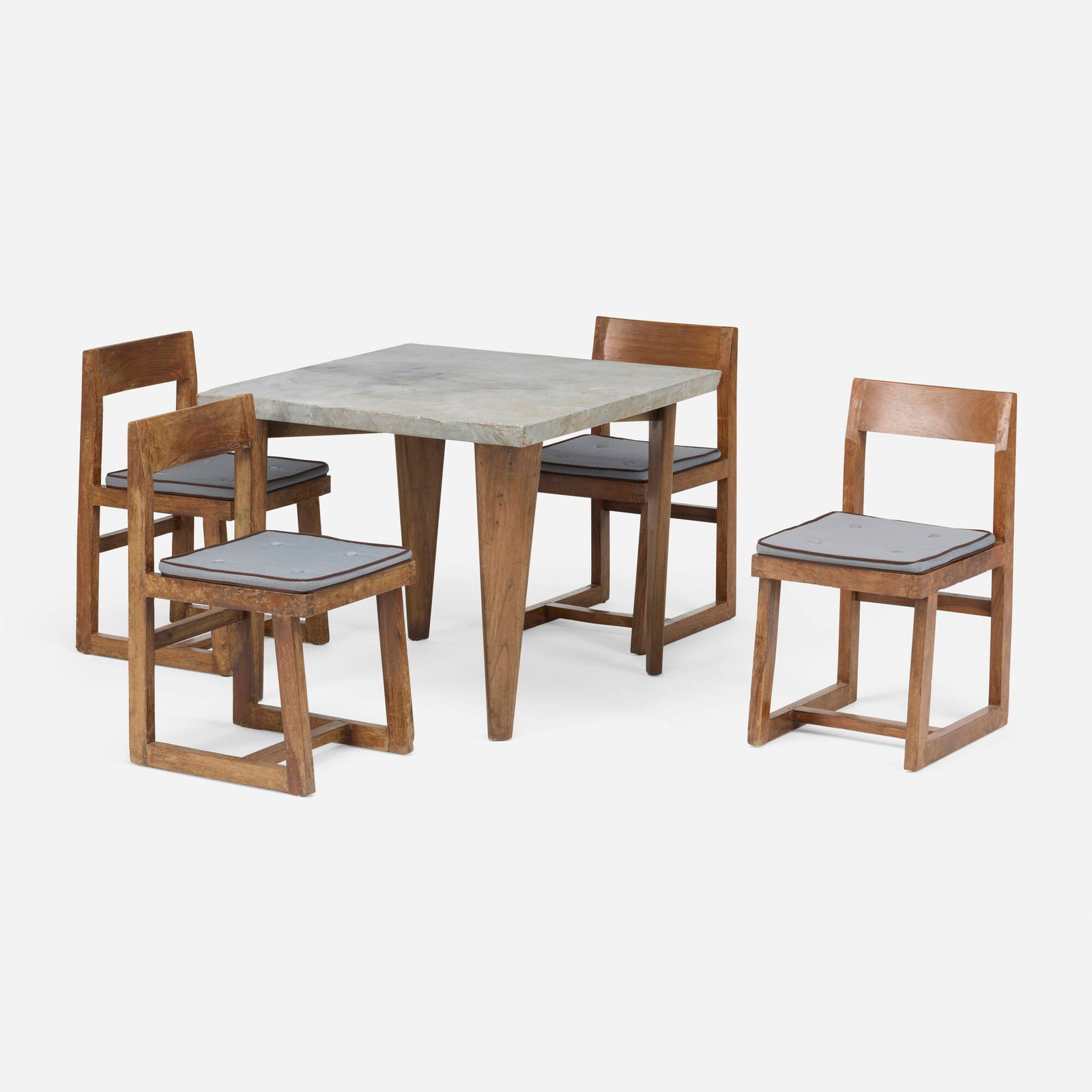 Pierre Jeanneret, Dining set from Chandigarh: Pierre Jeanneret Dining set from Chandigarh France/India, c. 1955-1960 teak, zinc, cane, upholstery table: 29.75 h x 36 w x 36 d in (76 x 91 x 91 cm) chair: 30.875 h x 16.125 w x 19 d in (78 x 41 x