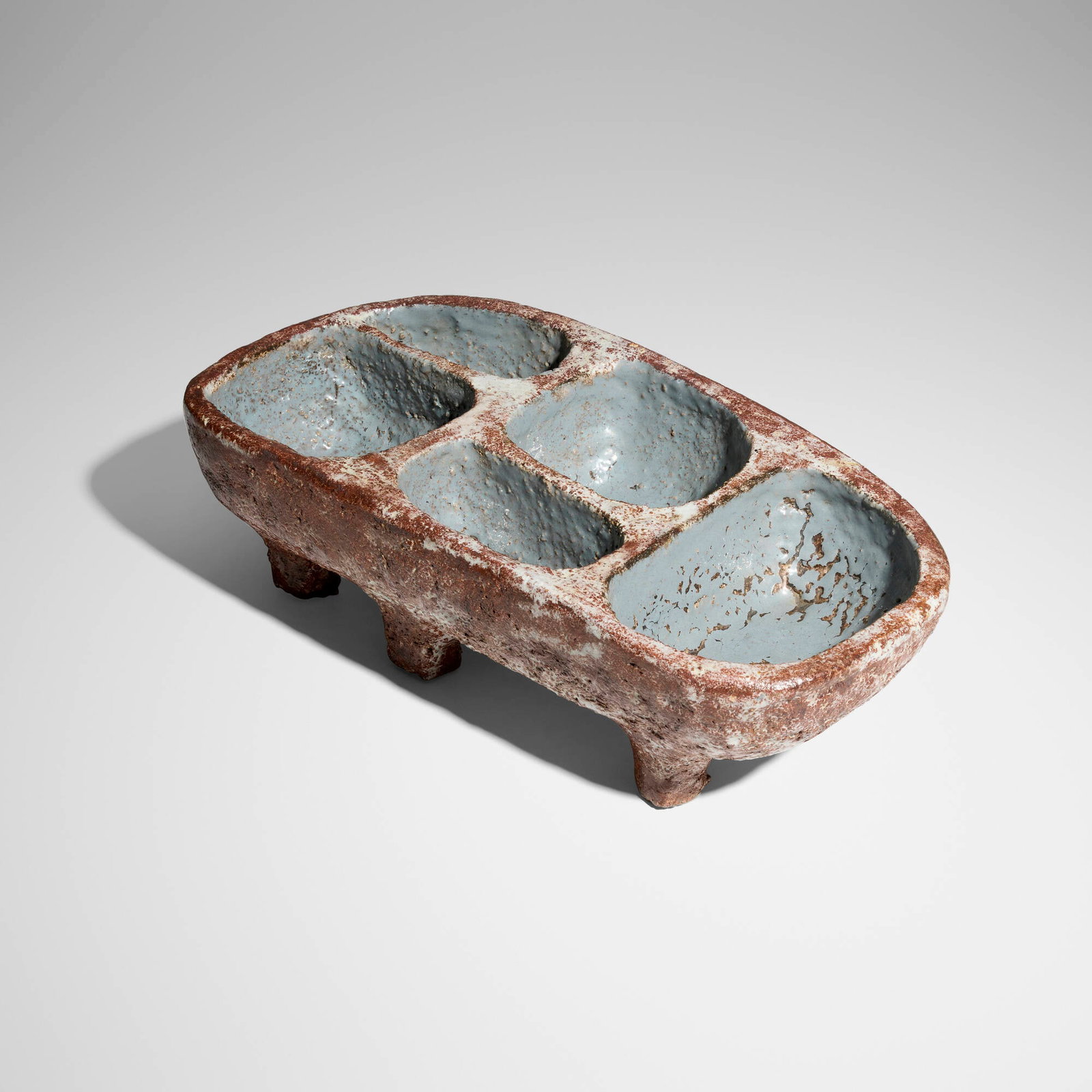 Juliette Derel, Footed vessel: Juliette Derel Footed vessel France, c. 1965 glazed stoneware 5.5 h x 17.25 w x 9 d in (14 x 44 x 23 cm) Glazed signature to underside 'Juliette Derel'. Provenance: Private Collection