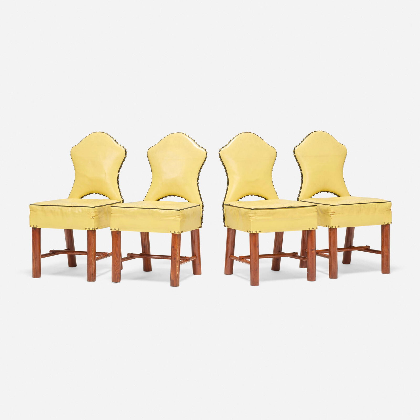 Thomas Molesworth, Keyhole chairs from Hunter Hereford Ranch, Jackson Hole, set of four: Thomas Molesworth Keyhole chairs from Hunter Hereford Ranch, Jackson Hole, set of four USA, c. 1945 fir, leather, hammered brass 36.25 h x 20.5 w x 22 d in (92 x 52 x 56 cm) These chairs were