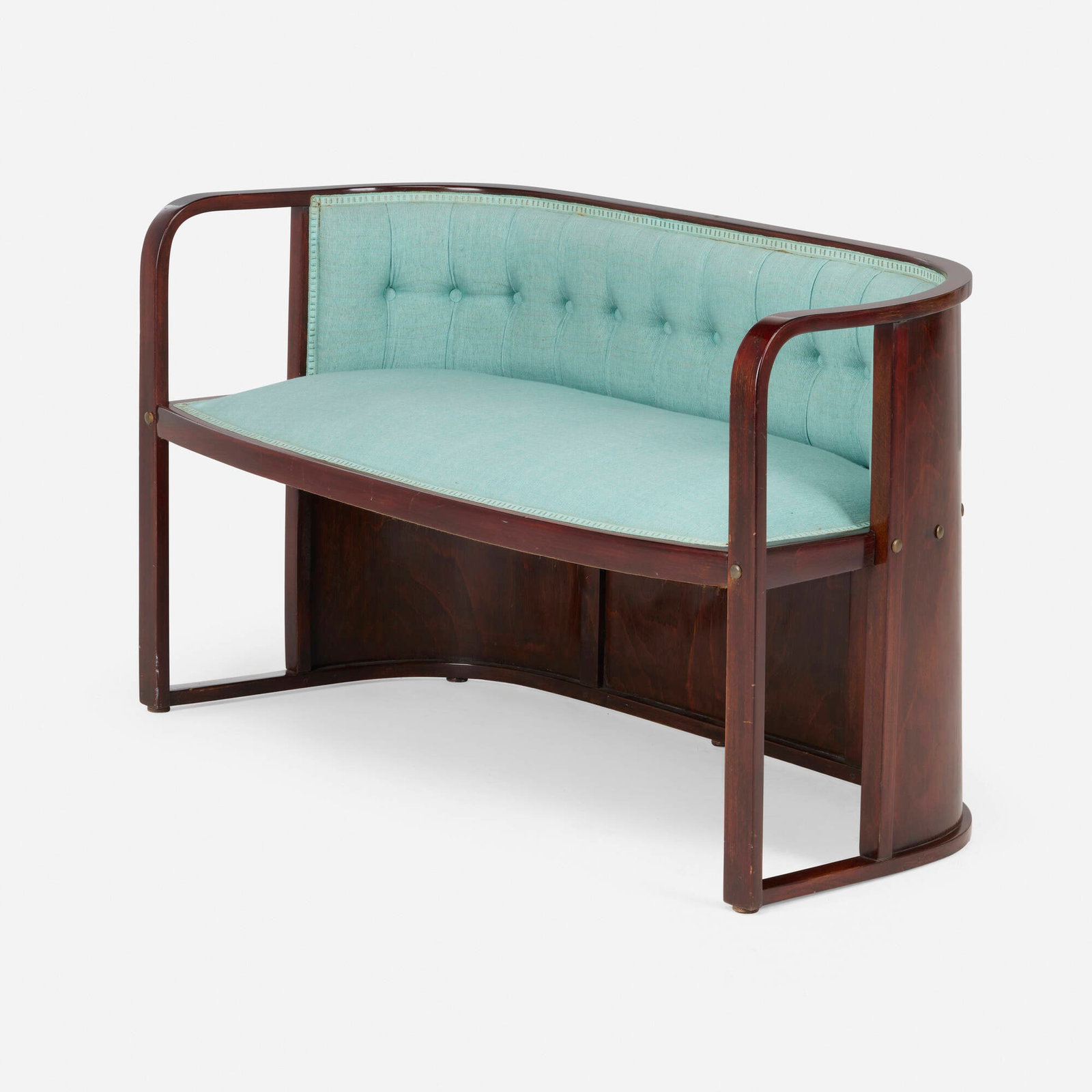 Josef Hoffmann, Settee, model 421/C: Josef Hoffmann Settee, model 421/C J. & J. Kohn Austria, c. 1906 mahogany, upholstery, brass 28 h x 49 w x 22.5 d in (71 x 124 x 57 cm) Provenance: Ingrid Zerunian, Vienna | Acquired from the
