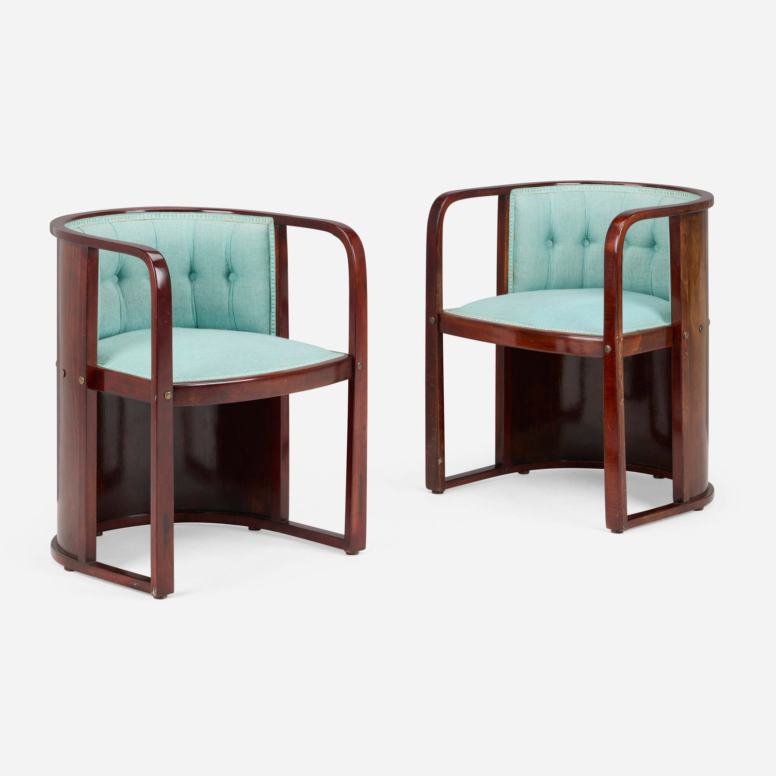 Josef Hoffmann, Armchairs model no. 421/F, pair: Josef Hoffmann Armchairs model no. 421/F, pair J. & J. Kohn Austria, 1906 mahogany, upholstery, brass 28 h x 23 w x 22 d in (71 x 58 x 56 cm) Provenance: Ingrid Zerunian,
