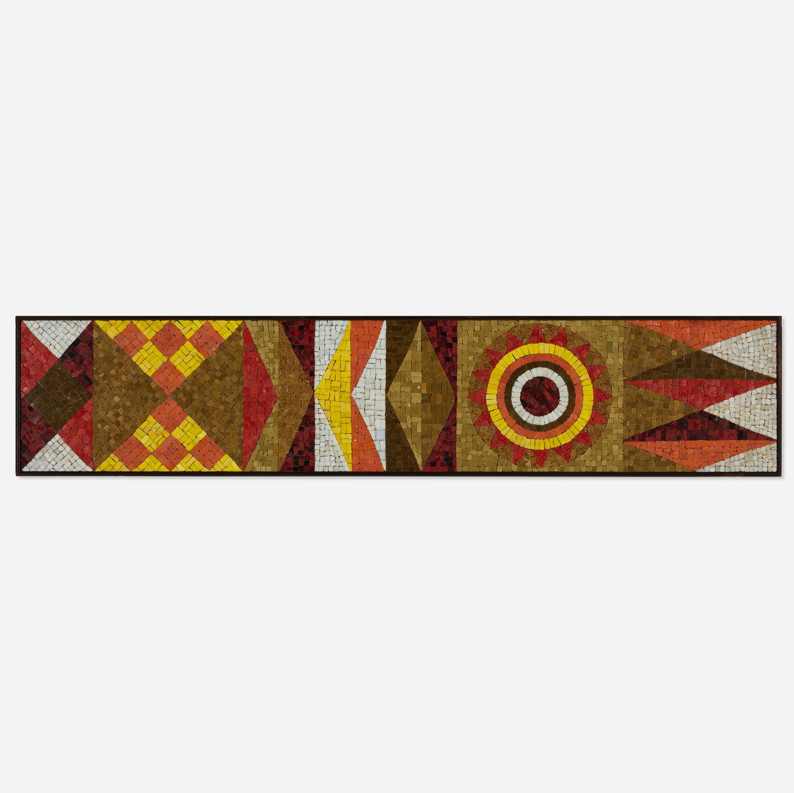 Evelyn Ackerman, Pennants mosaic: Evelyn Ackerman Pennants mosaic ERA Industries 1958 glass tile mosaic on Masonite in artist-made frame 12.5 h x 60 w in (32 x 152 cm) An example of this design is in the permanent collection of the
