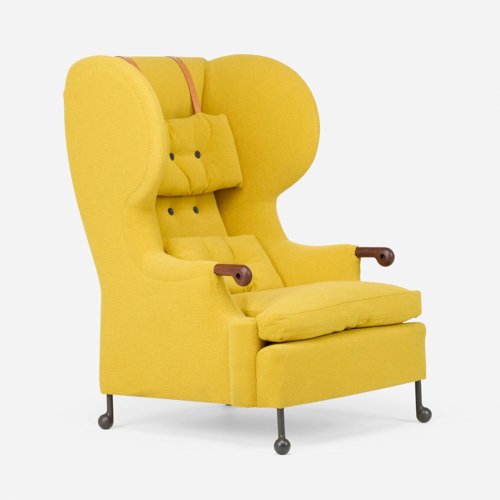 Tyler Hays, Wingback chair: Tyler Hays Wingback chair BDDW USA, c. 2020 upholstery, walnut, cast bronze, leather 49.25 h x 34.5 w x 37 d in (125 x 88 x 94 cm) Provenance: Private Collection