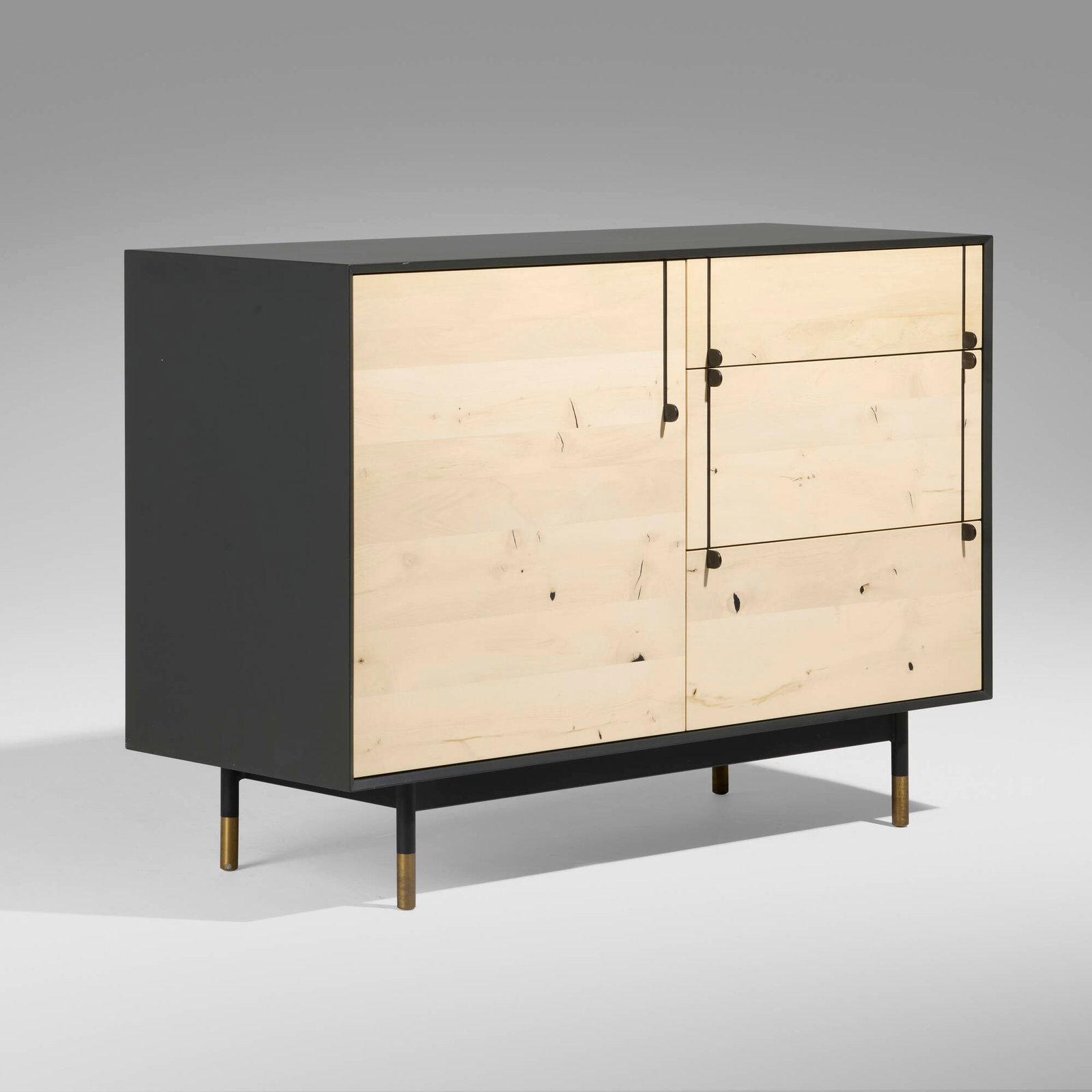 Tyler Hays, Lake cabinet: Tyler Hays Lake cabinet BDDW USA, 2018 American holly, lacquered wood, ebony, blackened steel, brass 34 h x 48.25 w x 19 d in (86 x 123 x 48 cm) Cabinet features three drawers and one door concealing