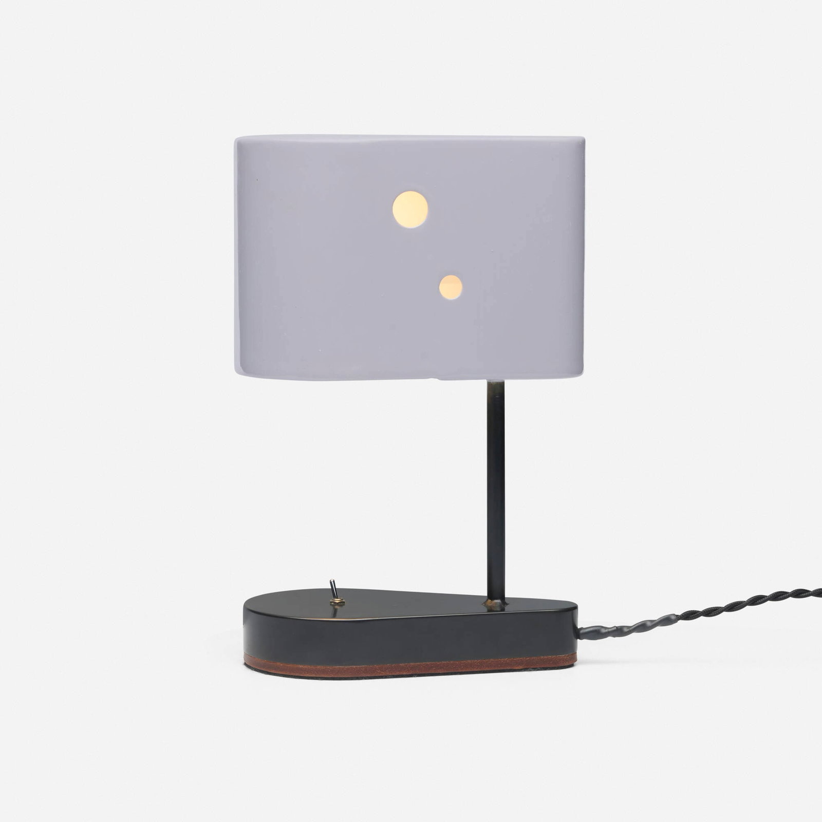 Tyler Hays, Concierge table lamp: Tyler Hays Concierge table lamp BDDW USA, 2022 hand-painted steel, blackened bronze, leather 11 h x 7 w x 4 d in (28 x 18 x 10 cm) Embossed manufacturer's mark and date to underside 'BDDW
