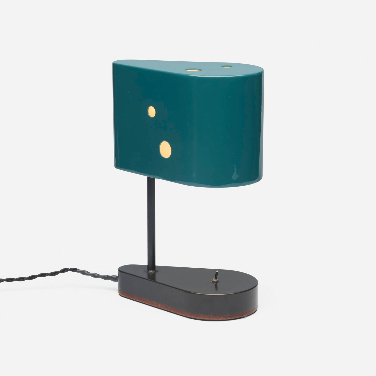 Tyler Hays, Concierge table lamp: Tyler Hays Concierge table lamp BDDW USA, 2022 hand-painted steel, blackened bronze, leather 11 h x 7 w x 4 d in (28 x 18 x 10 cm) Embossed manufacturer's mark and date to underside 'BDDW