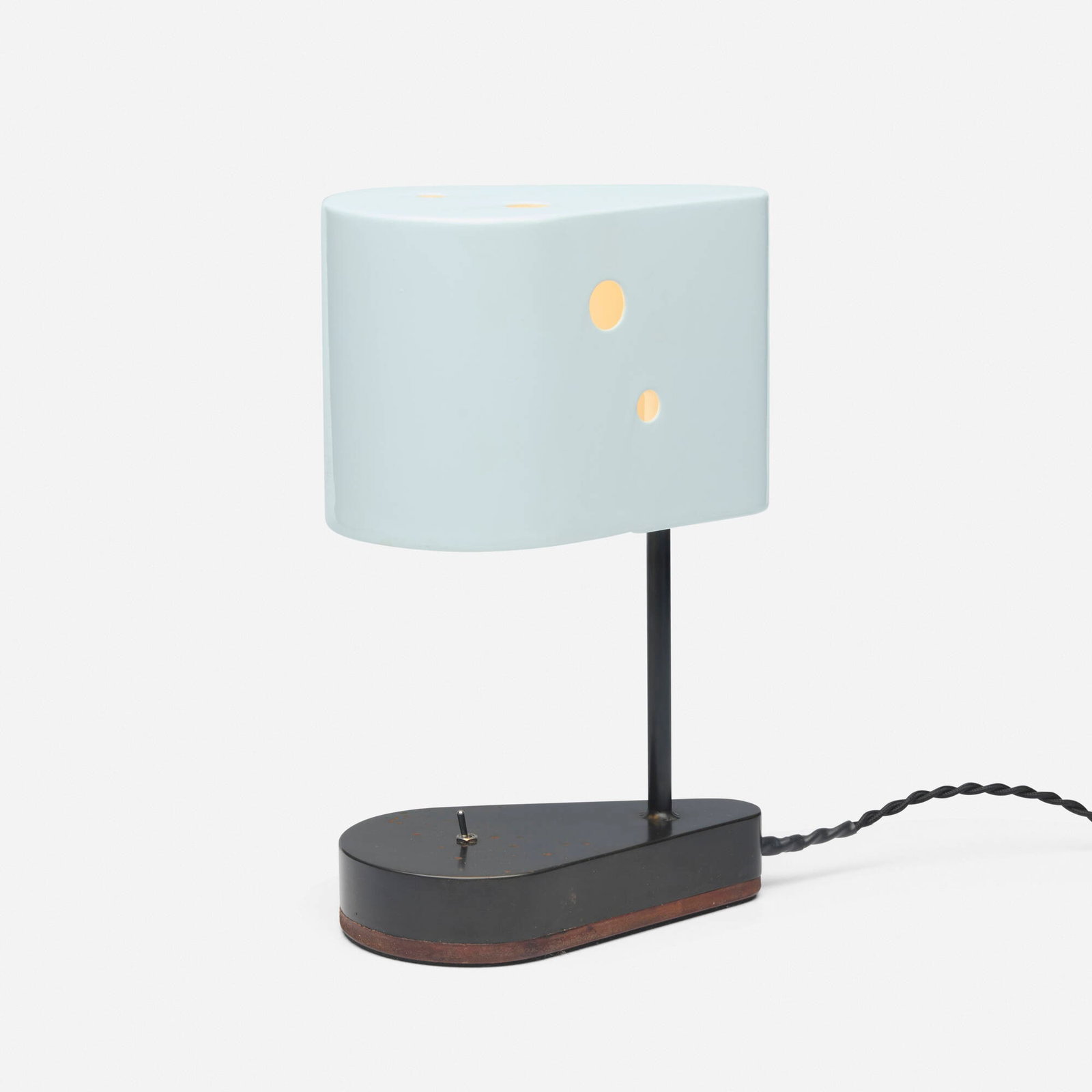 Tyler Hays, Concierge table lamp: Tyler Hays Concierge table lamp BDDW USA, 2022 hand-painted steel, blackened bronze, leather 11 h x 7 w x 4 d in (28 x 18 x 10 cm) Embossed manufacturer's mark and date to underside &