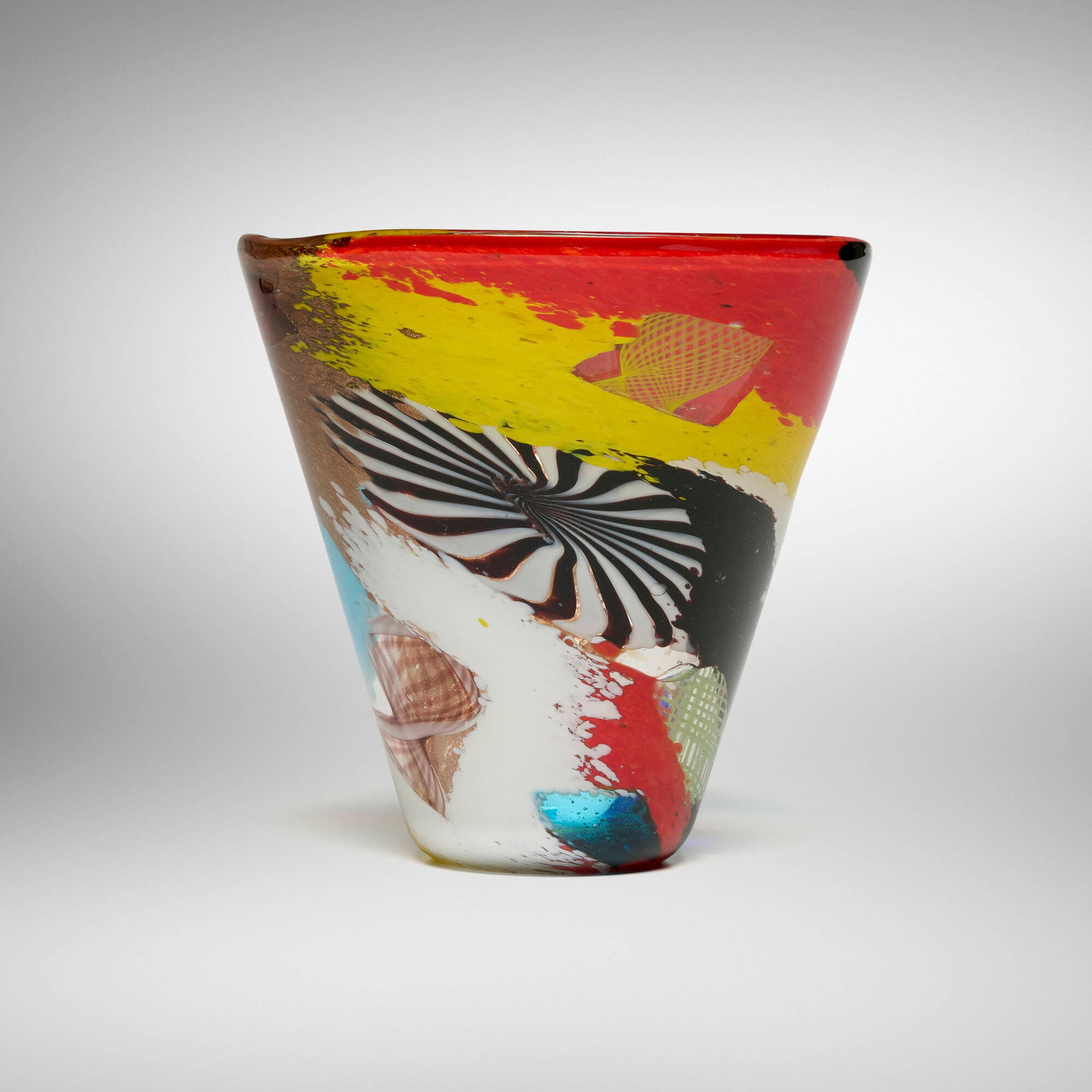 Dino Martens, Oriente vase, model 3126: Dino Martens Oriente vase, model 3126 Aureliano Toso Italy, c. 1952 internally decorated polychrome patchwork glass with copper inclusions, pinwheel and filigrana 8 h x 8.25 dia in (20 x 21 cm)