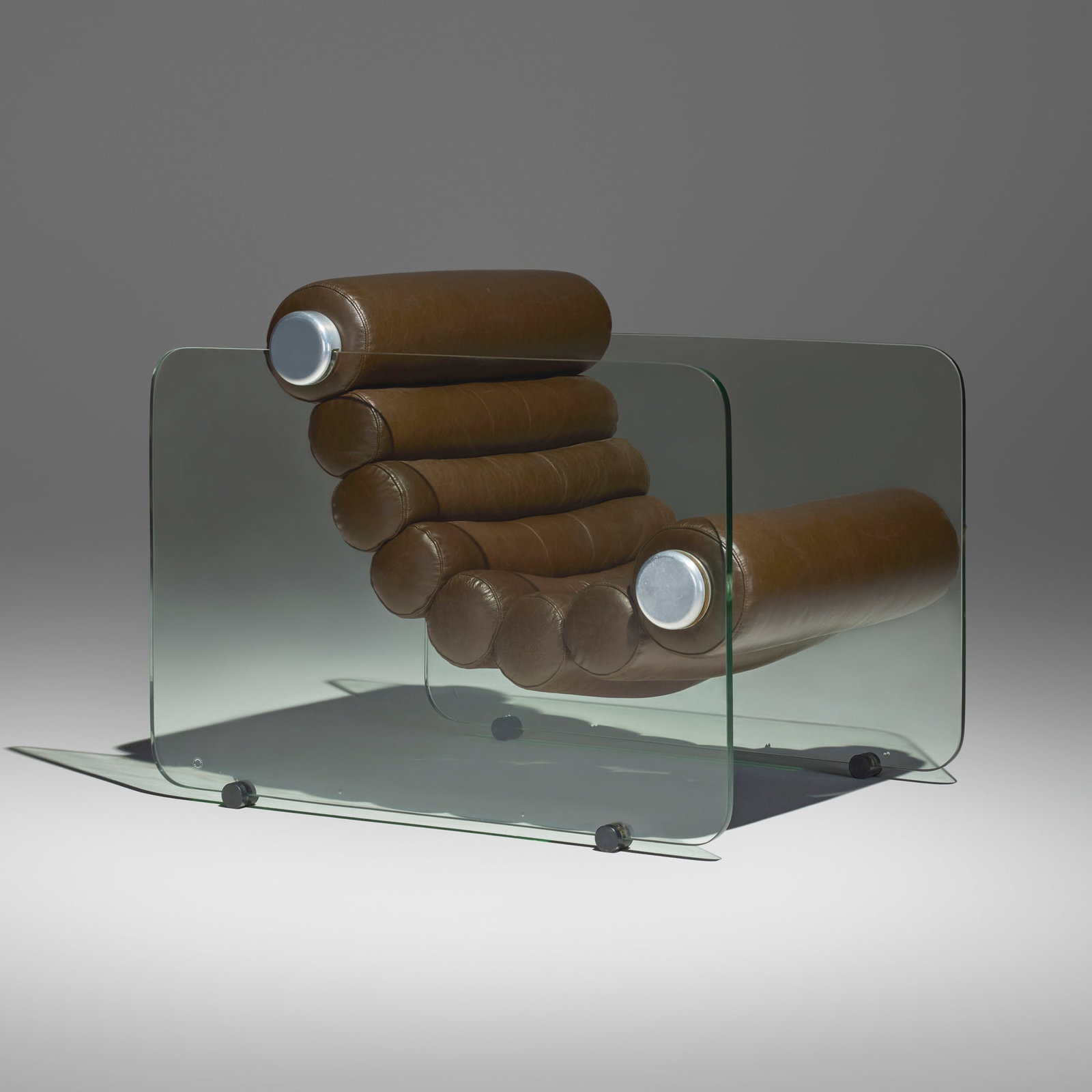 Fabio Lenci, Hyaline armchair: Fabio Lenci Hyaline armchair Comfort Line Italy, c. 1970 glass, leather, aluminum 28 h x 28.5 w x 35.5 d in (71 x 72 x 90 cm) An example of this design is in the permanent collection of the Museum of