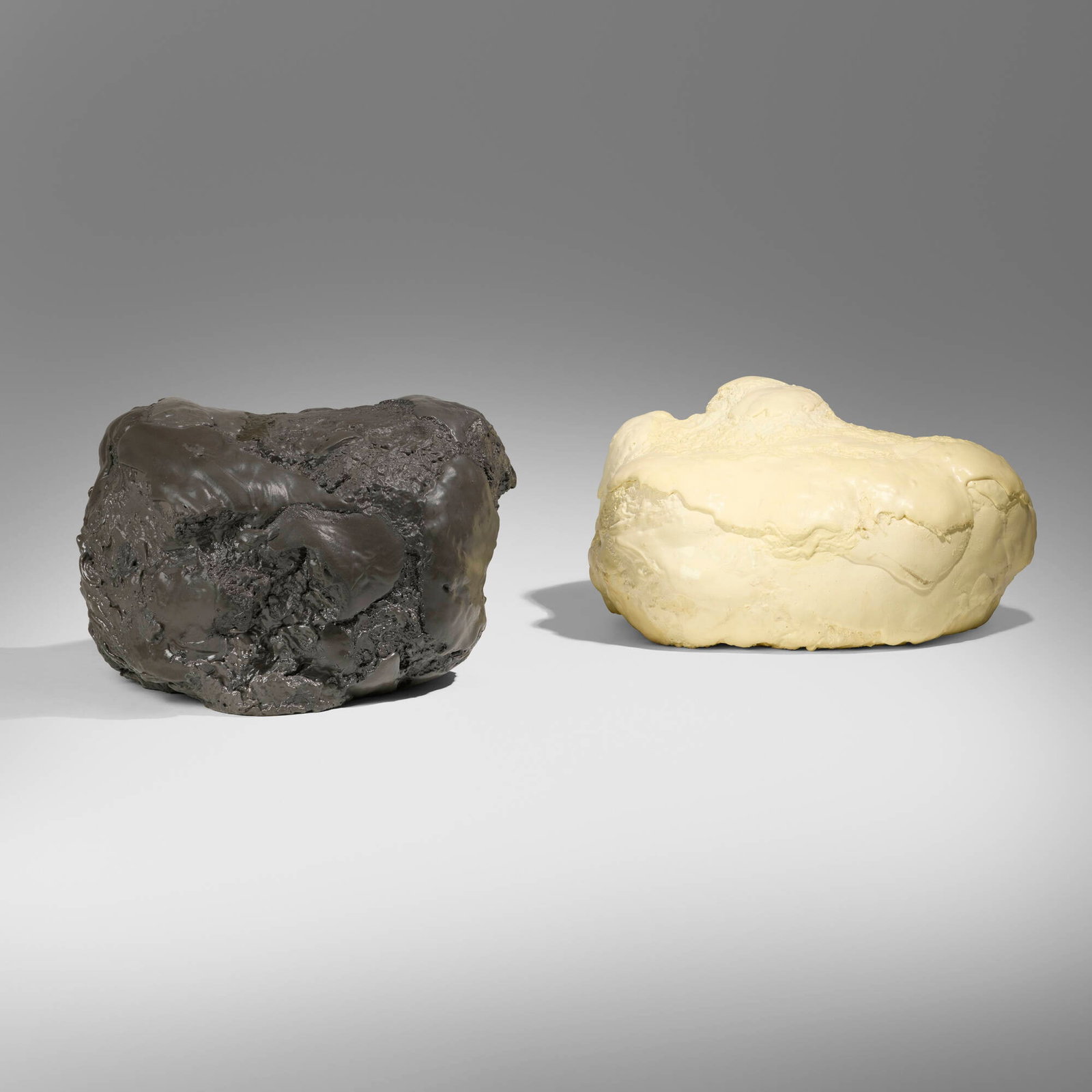 Sang Hoon Kim, Small Meteorite stools, set of two: Sang Hoon Kim Small Meteorite stools, set of two South Korea, 2018 memory foam black: 28.25 h x 47.5 w x 37.5 d in (72 x 121 x 95 cm) white: 25.5 h x 46.75 w x 45 d in (65 x 119 x 114 cm) Provenance:
