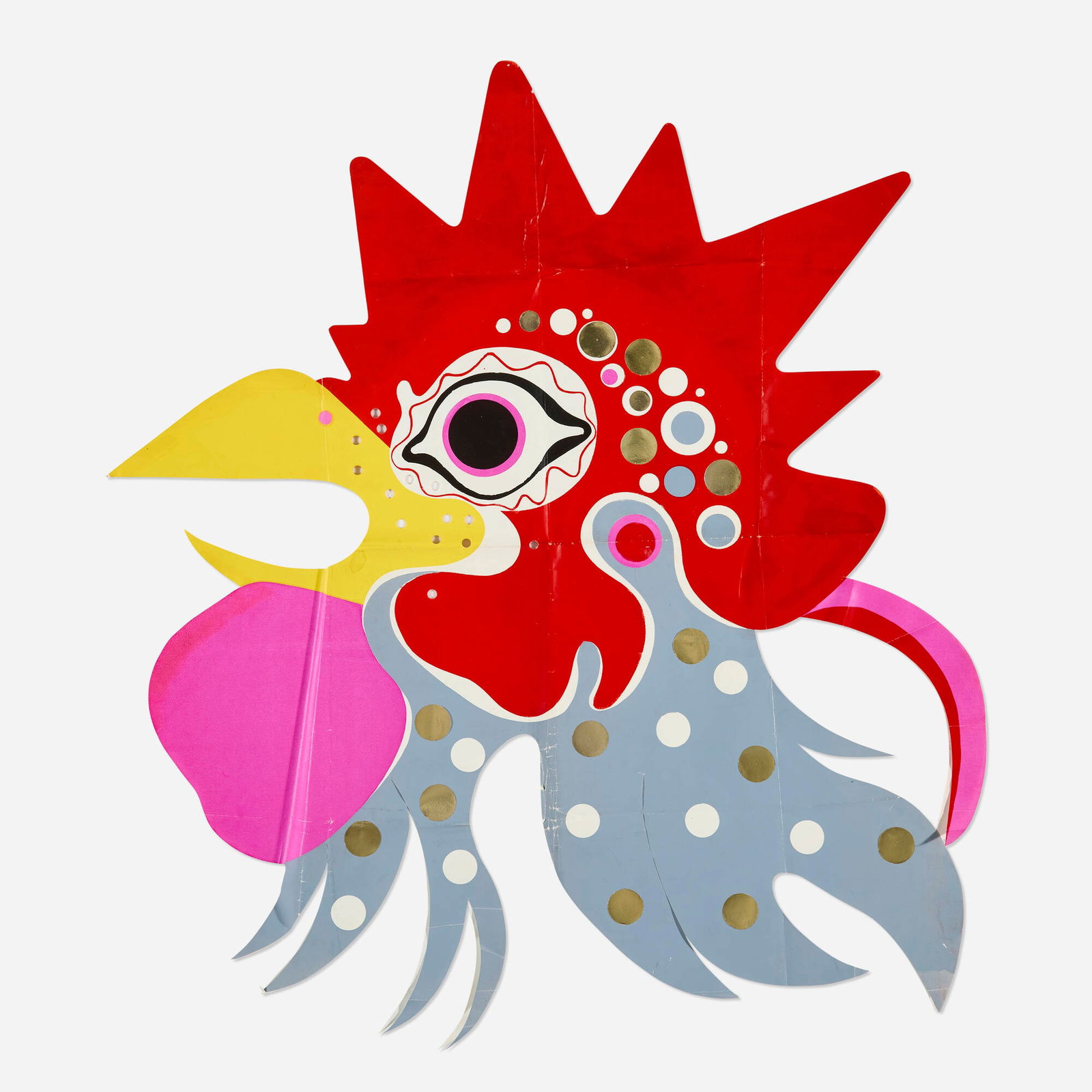 Charles and Ray Eames, Rare Rooster mask: Charles and Ray Eames Rare Rooster mask c. 1950 screenprint in colors with hand-applied details and foil 35 h x 30.75 w in (89 x 78 cm) Originally designed for mass production, Eames masks ultimately