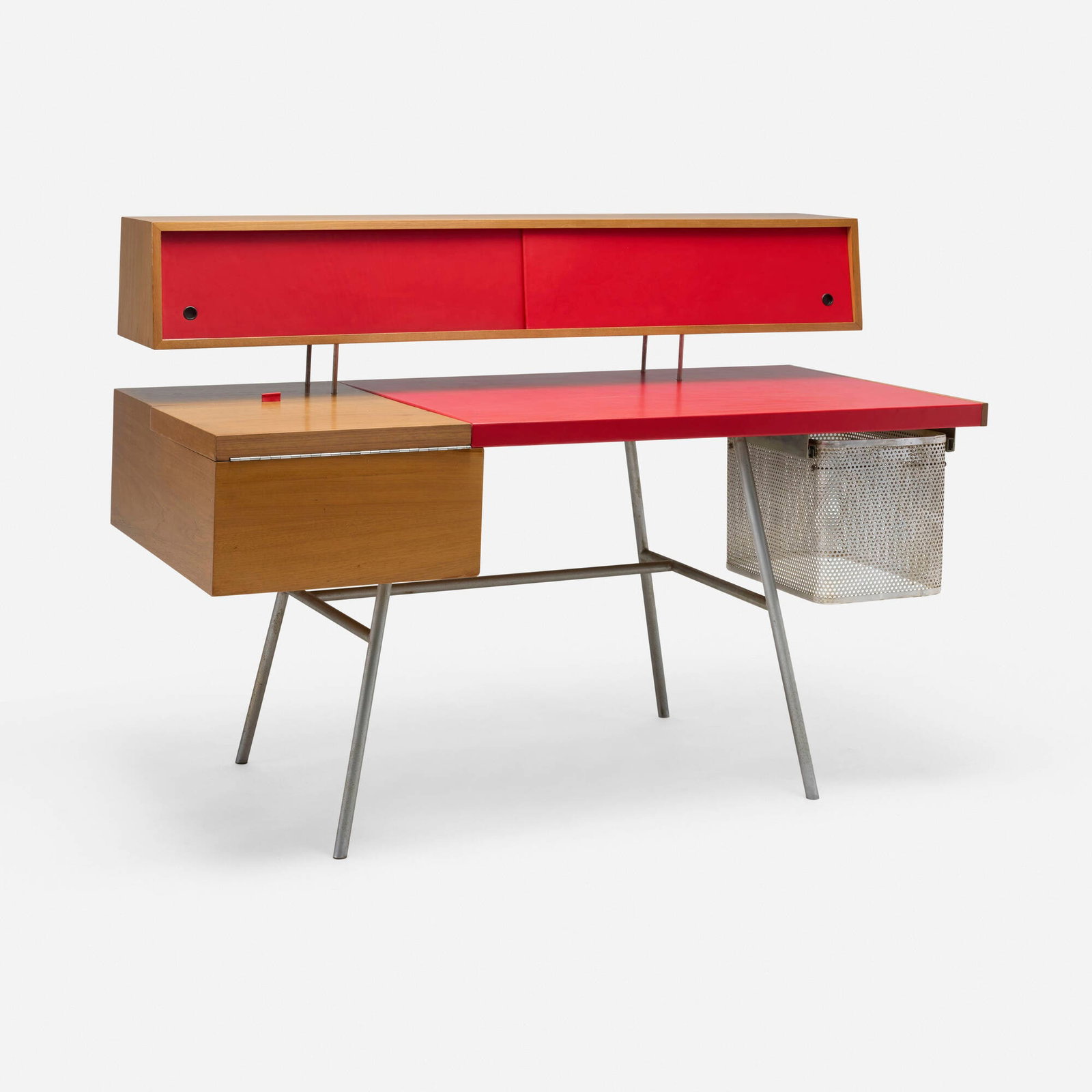 George Nelson & Associates, Home Office desk, model 4658: George Nelson & Associates Home Office desk, model 4658 Herman Miller USA, 1946 walnut, chrome-plated steel, leather, perforated aluminum 40.5 h x 54 w x 28 d in (103 x 137 x 71 cm) Desk f