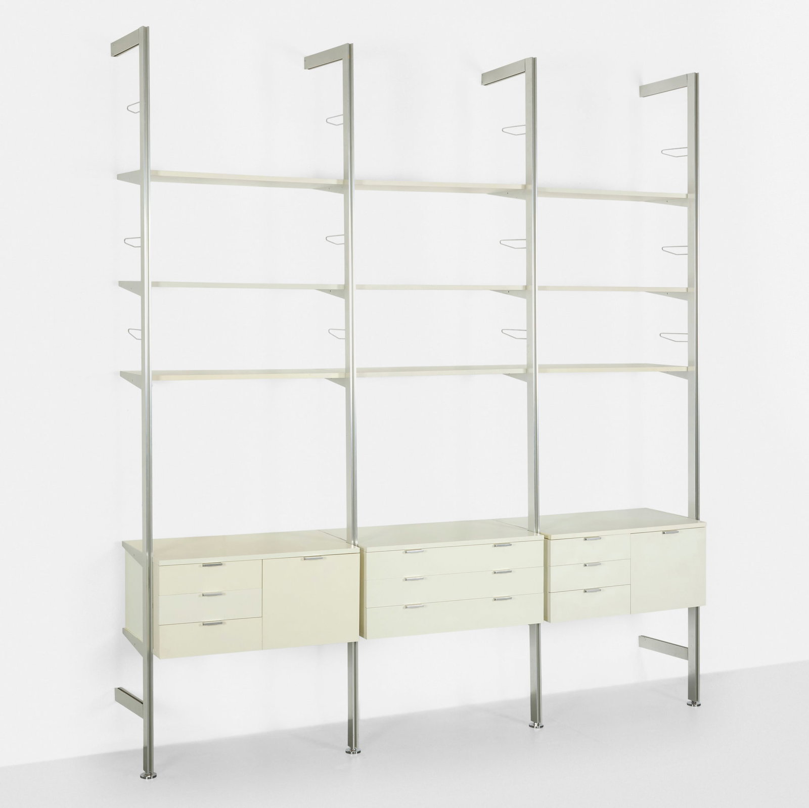 George Nelson & Associates, CSS (Comprehensive Shelving System): George Nelson & Associates CSS (Comprehensive Shelving System) Herman Miller USA, 1959 brushed aluminum, laminate over wood, chrome-plated steel 111.5 h x 99.75 w x 21.5 d in (283 x 253 x 55 cm)