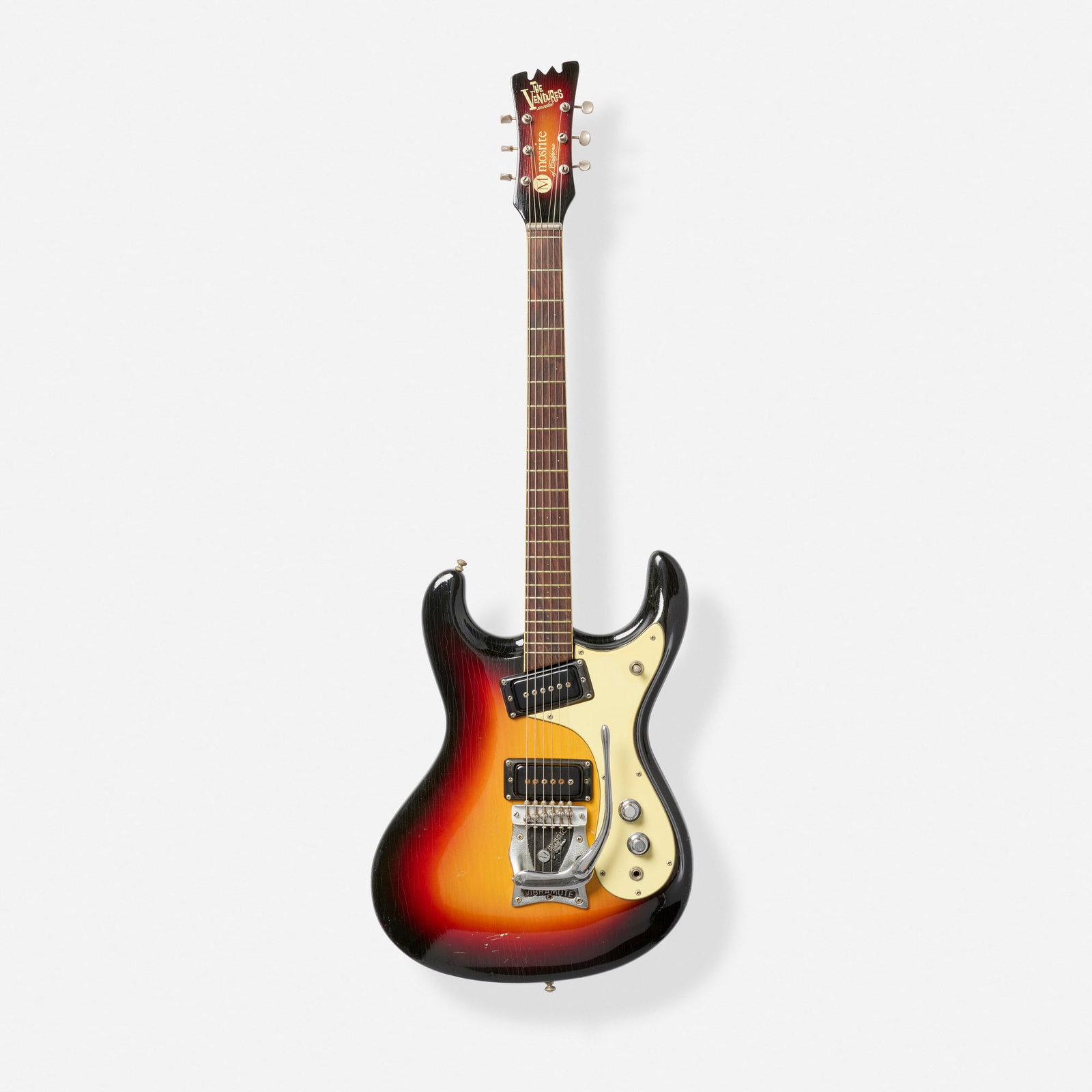 Mosrite of California, The Ventures Model Solidbody Electric Guitar, 1964: Mosrite of California The Ventures Model Solidbody Electric Guitar, 1964 Bakersfield, USA Bolt-on maple neck with large headstock logo, Vibramute vibrato, spun knobs, aluminum bridge deck Finish: