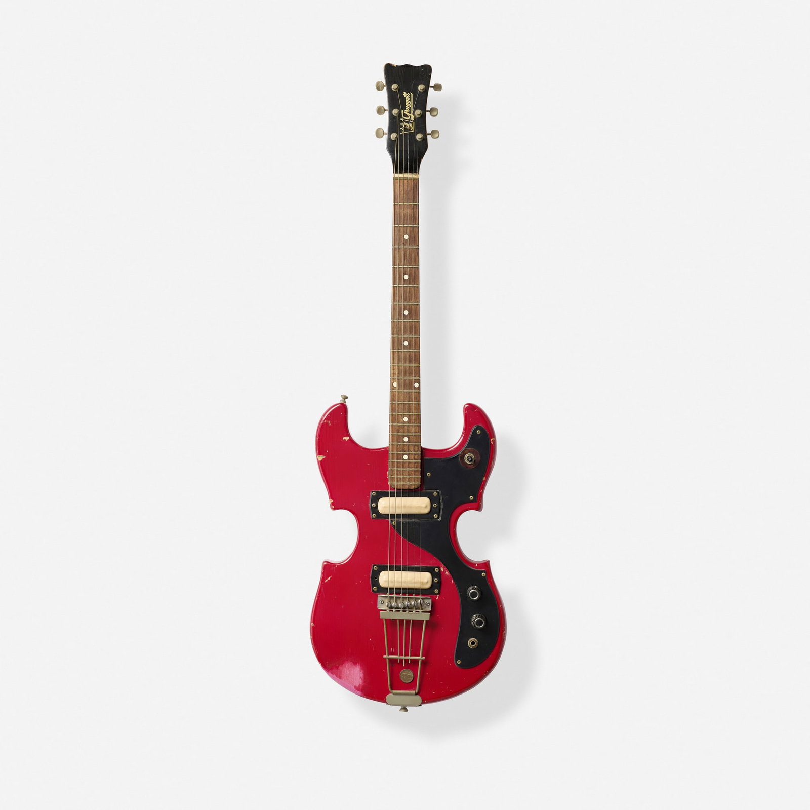 Gruggett, Stradette Solidbody Electric Guitar, c. 1966: Gruggett Stradette Solidbody Electric Guitar, c. 1966 Bakersfield, USA Bolt-on maple neck with black headstock (front and back), Standel pickups, Hofner trapeze tailpiece Finish: Red Serial num