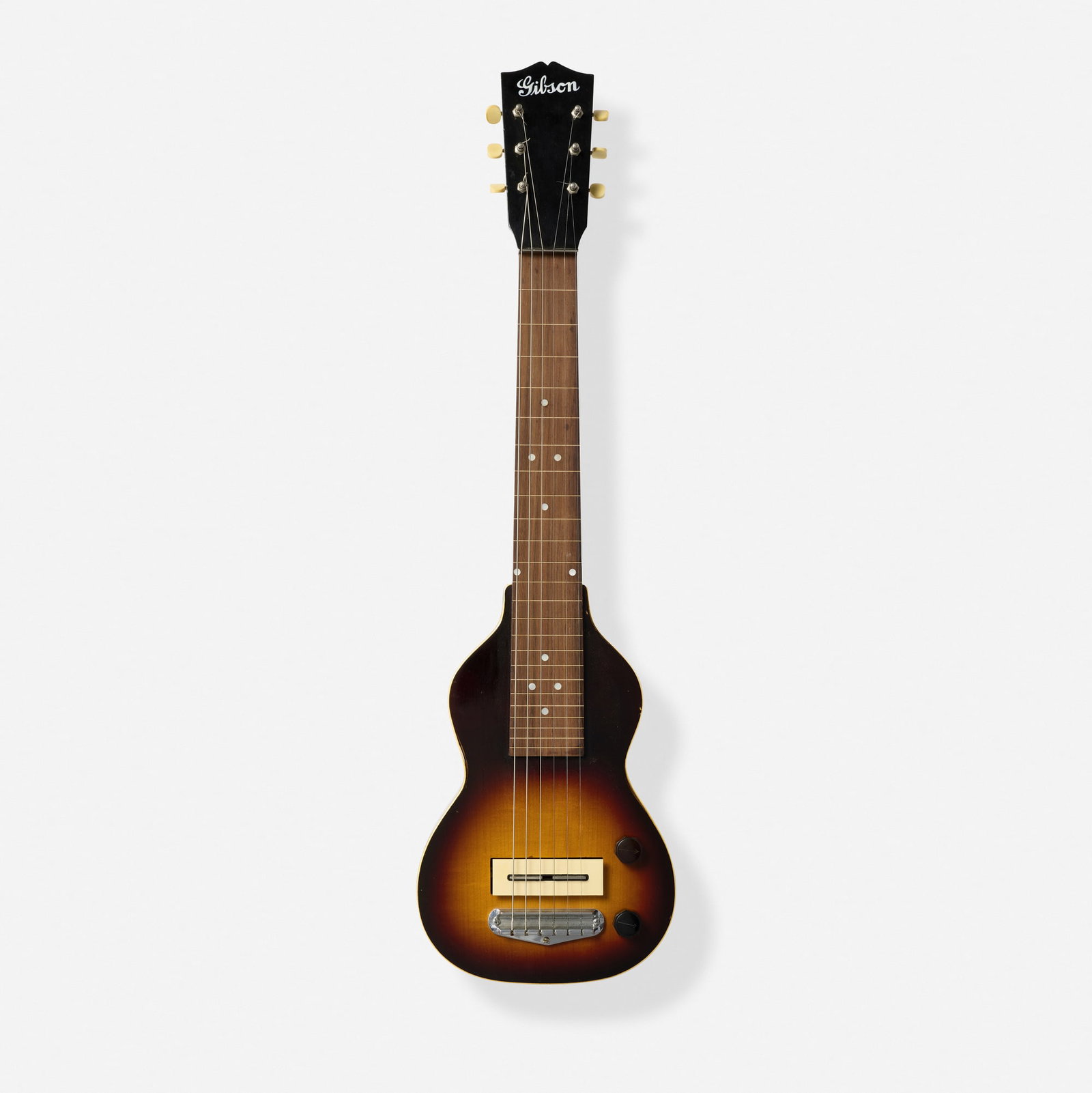 Gibson, EH-100 Lap Steel Guitar, 1938: Gibson EH-100 Lap Steel Guitar, 1938 Kalamazoo, USA Bound mahogany body Finish: Sunburst Serial number: DGE-2486 Sold with original hardshell case. Provenance: Front
