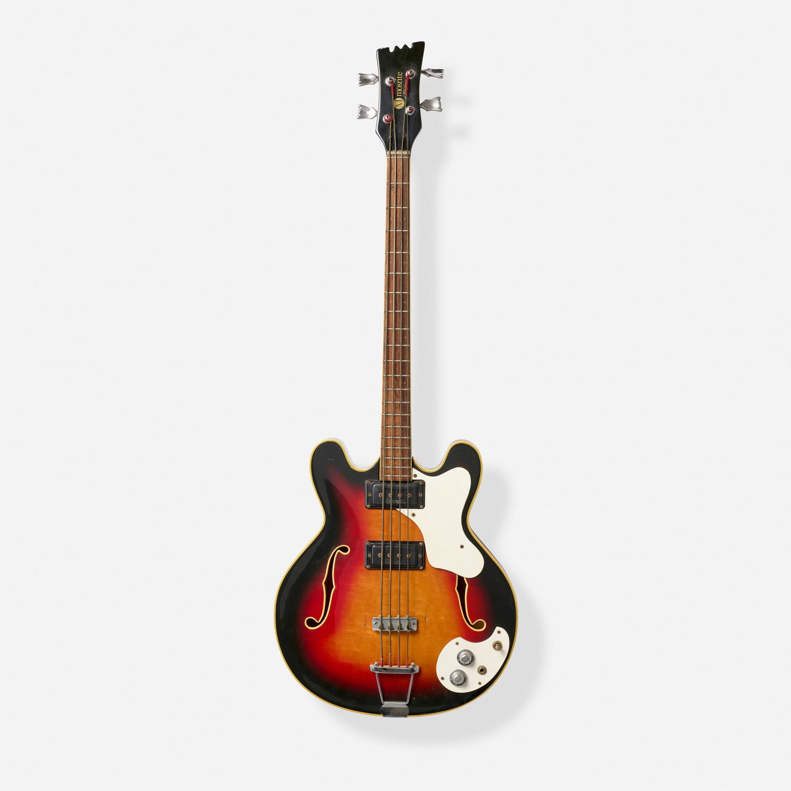 Mosrite of California, Celebrity Hollowbody Electric Bass Guitar, 1968: Mosrite of California Celebrity Hollowbody Electric Bass Guitar, 1968 Bakersfield, USA Trapeze tailpiece, 3-bolt neck, duckfoot tuners Finish: Sunburst Serial number: N0036 Sold with Gretsch