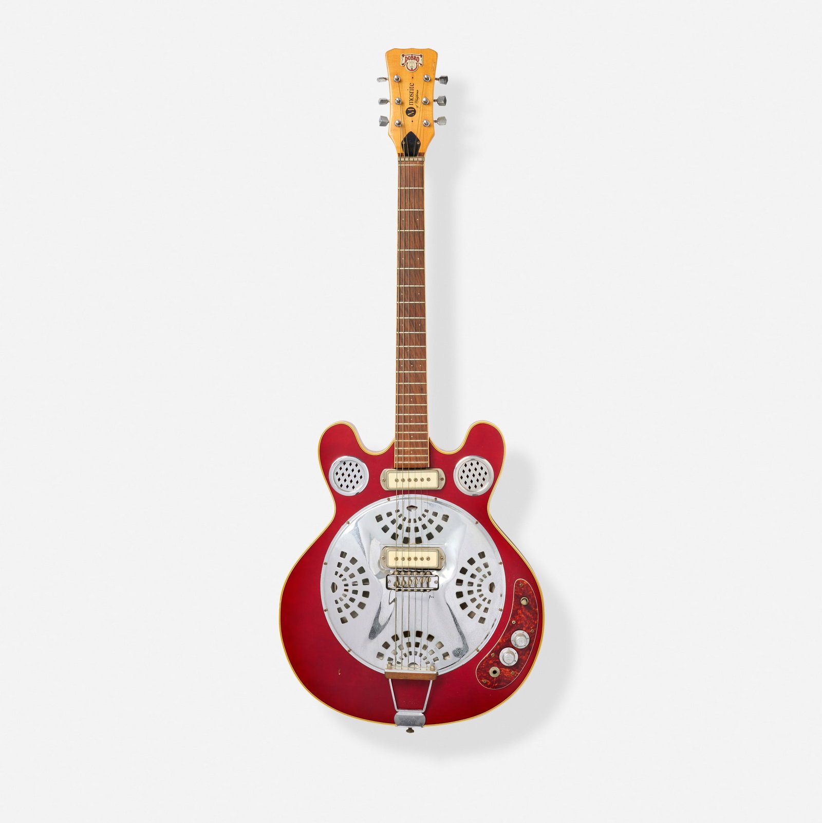 Mosrite of California, D-100 The Californian Electric Resonator Guitar, 1968: Mosrite of California D-100 The Californian Electric Resonator Guitar, 1968 Bakersfield, USA Dobro pickups and resonator, trapeze tailpiece, 4-bolt neck Finish: Cherry Serial number: D00306