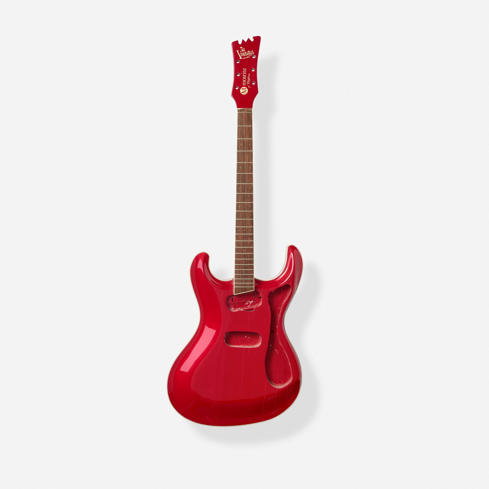 E.F. Elliott, 1963 Mosrite The Ventures Model Replica Solidbody Electric Guitar, c. 1980: E.F. Elliott 1963 Mosrite The Ventures Model Replica Solidbody Electric Guitar, c. 1980 Bakersfield, USA Bound body, set neck, husk only Finish: Candy Apple Red Provenance: