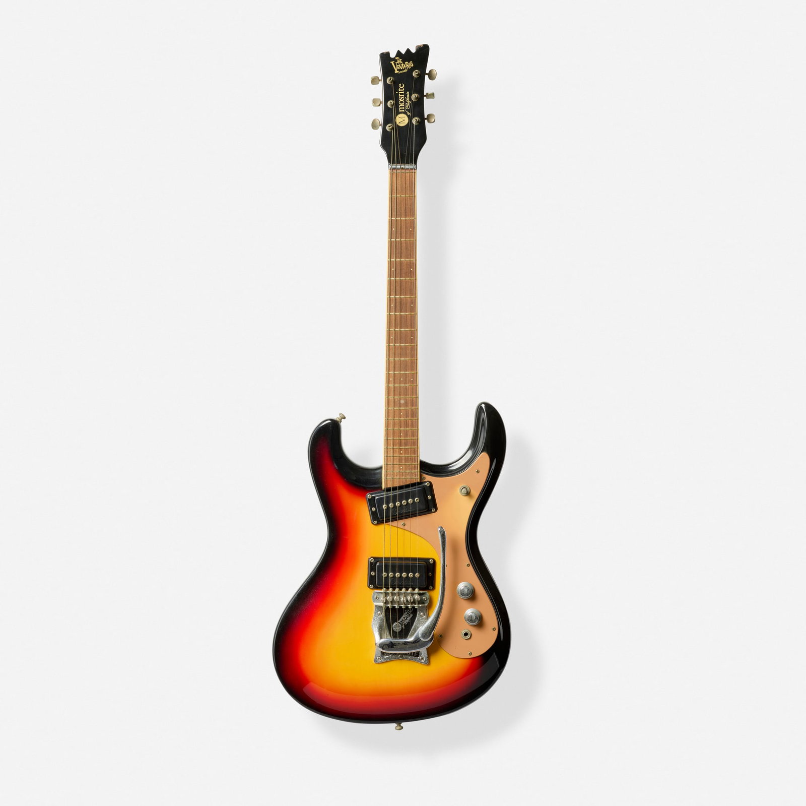 Mosrite of California, 1965 The Ventures Model Reissue Solidbody Electric Guitar, 1993: Mosrite of California 1965 The Ventures Model Reissue Solidbody Electric Guitar, 1993 Booneville, USA Bolt-on flame maple neck, Vibramute vibrato, spun knobs Finish: Sunburst Serial number: V93